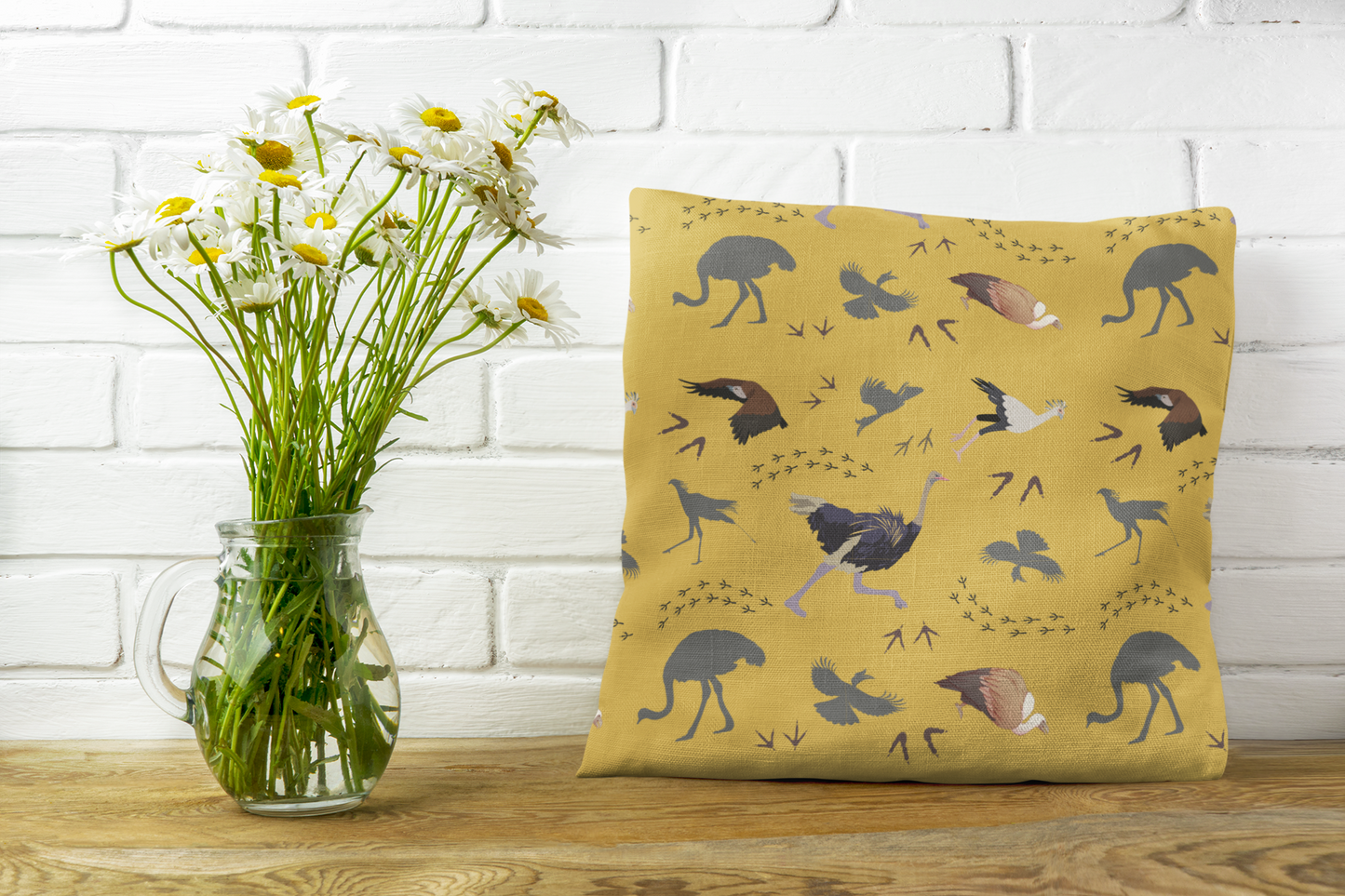 Safari Bird Print Lux Faux Suede Throw Pillow with Insert – 18" x 18" & 20" x 20" (Mustard)