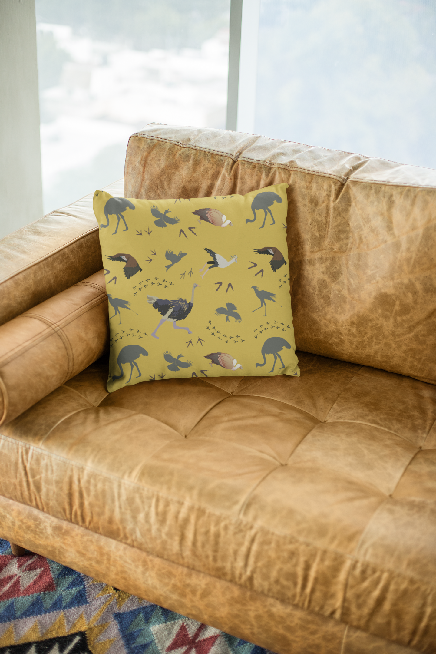 Safari Bird Print Lux Faux Suede Throw Pillow with Insert – 18" x 18" & 20" x 20" (Mustard)