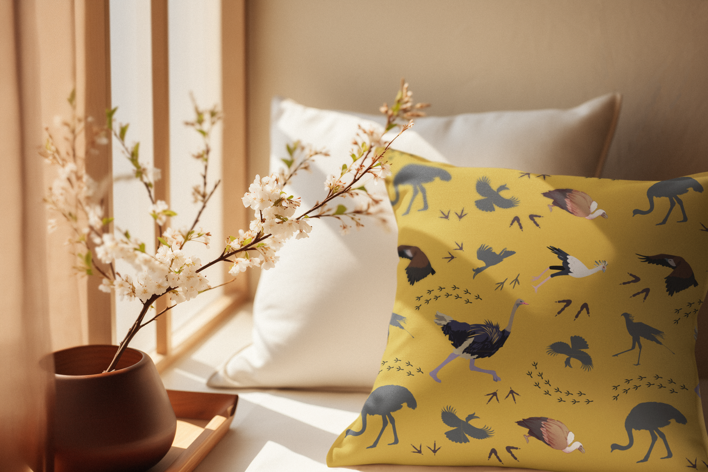 Safari Bird Print Lux Faux Suede Throw Pillow with Insert – 18" x 18" & 20" x 20" (Mustard)