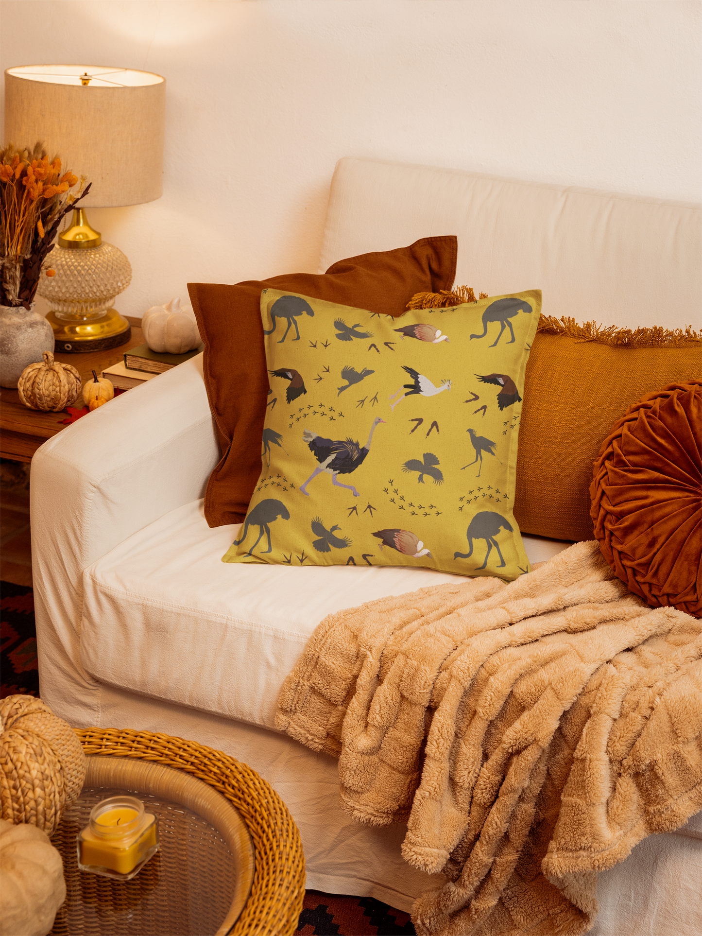 Safari Bird Print Lux Faux Suede Throw Pillow with Insert – 18" x 18" & 20" x 20" (Mustard)