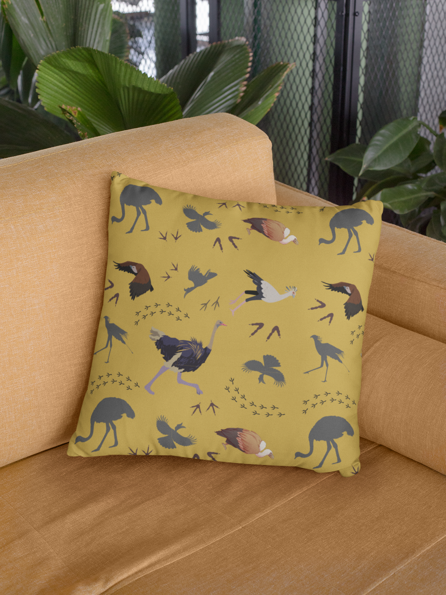 Safari Bird Print Lux Faux Suede Throw Pillow with Insert – 18" x 18" & 20" x 20" (Mustard)
