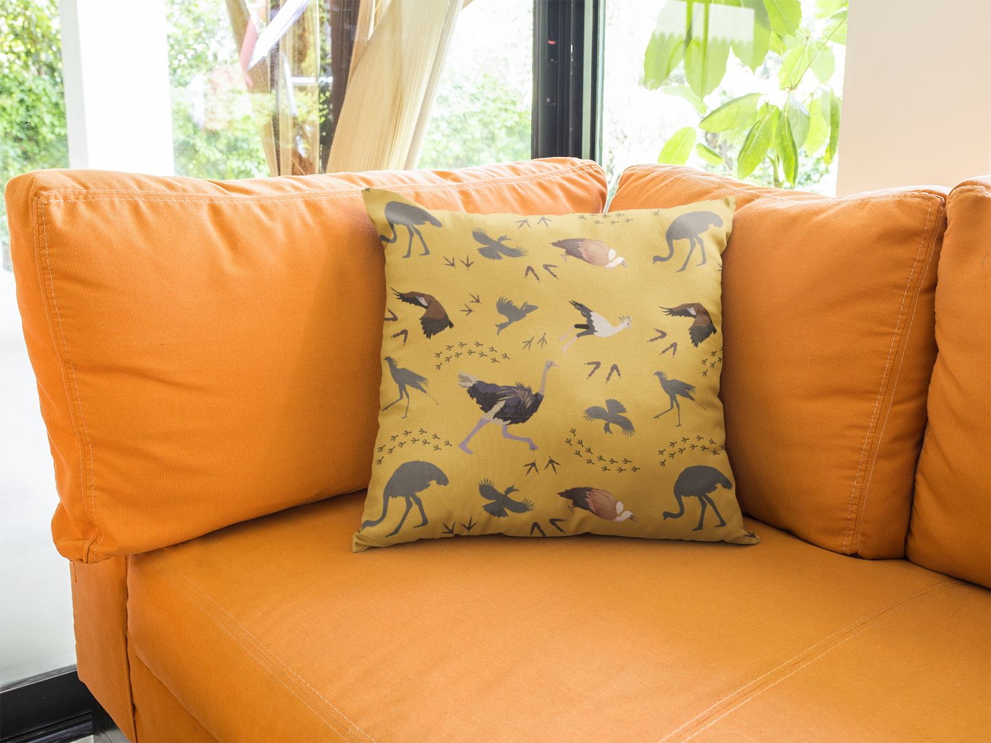 Safari Bird Print Lux Faux Suede Throw Pillow with Insert – 18" x 18" & 20" x 20" (Mustard)