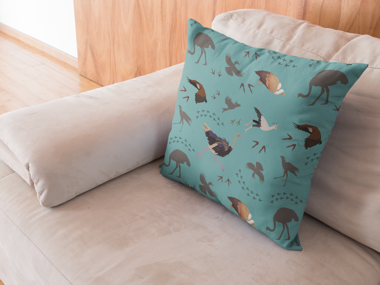 Safari Bird Print Lux Faux Suede Throw Pillow with Insert – 18" x 18" & 20" x 20" (Teal)
