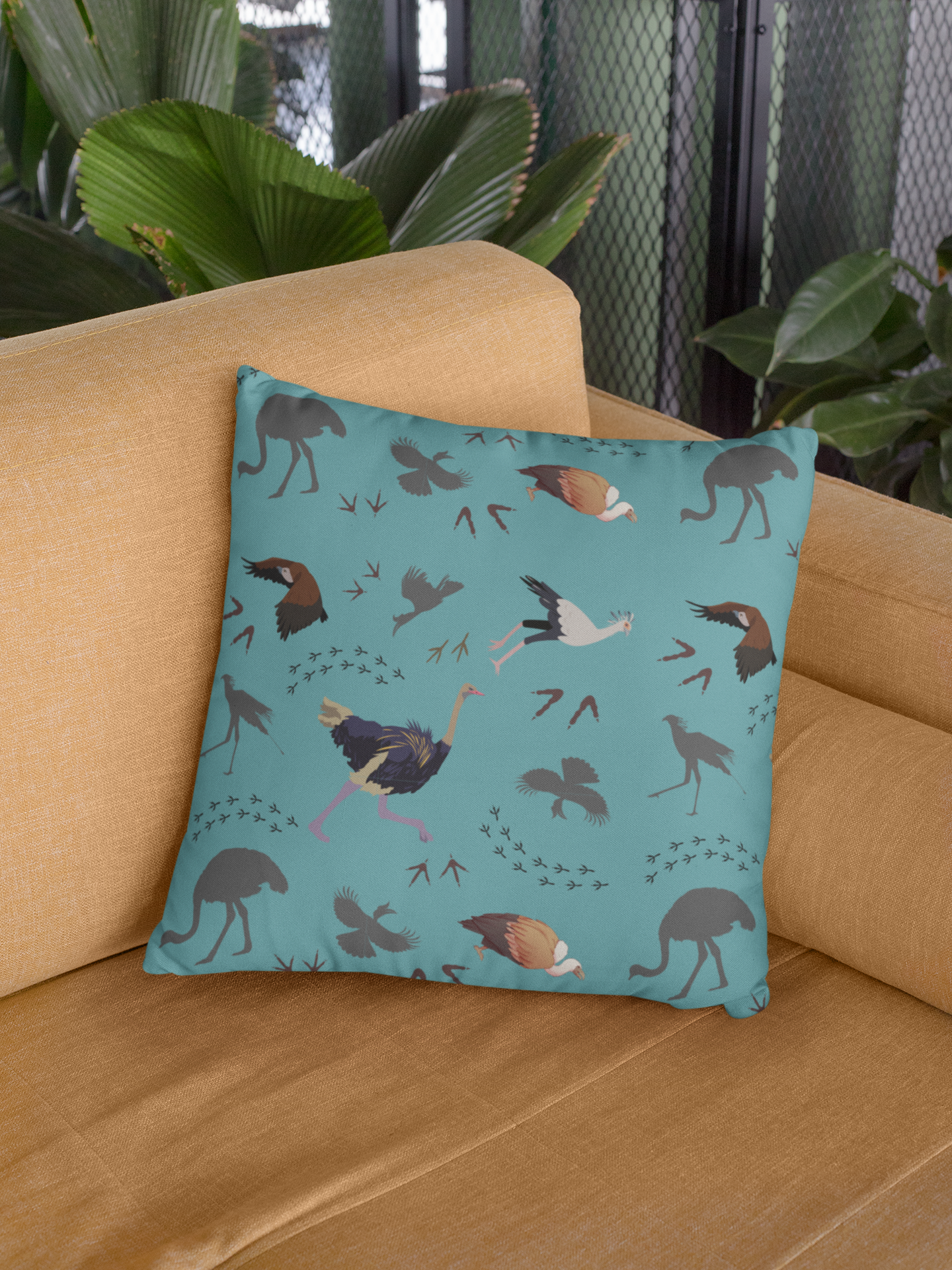 Safari Bird Print Lux Faux Suede Throw Pillow with Insert – 18" x 18" & 20" x 20" (Teal)