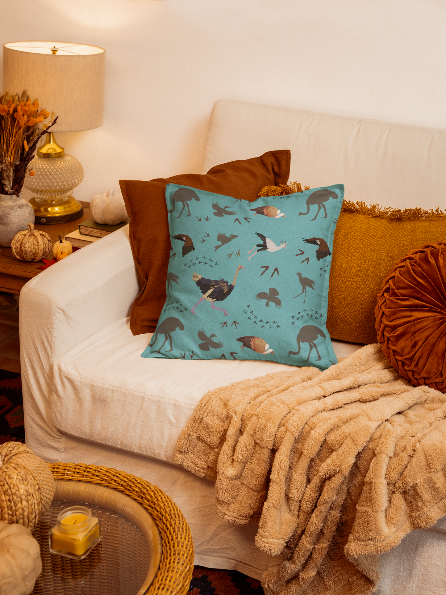 Safari Bird Print Lux Faux Suede Throw Pillow with Insert – 18" x 18" & 20" x 20" (Teal)