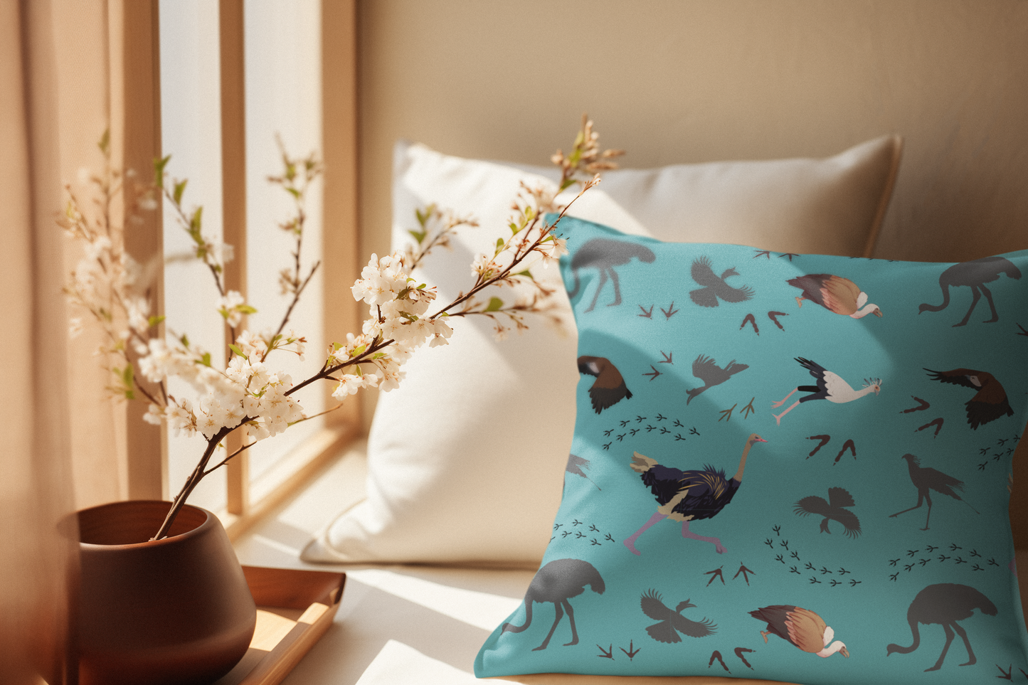 Safari Bird Print Lux Faux Suede Throw Pillow with Insert – 18" x 18" & 20" x 20" (Teal)
