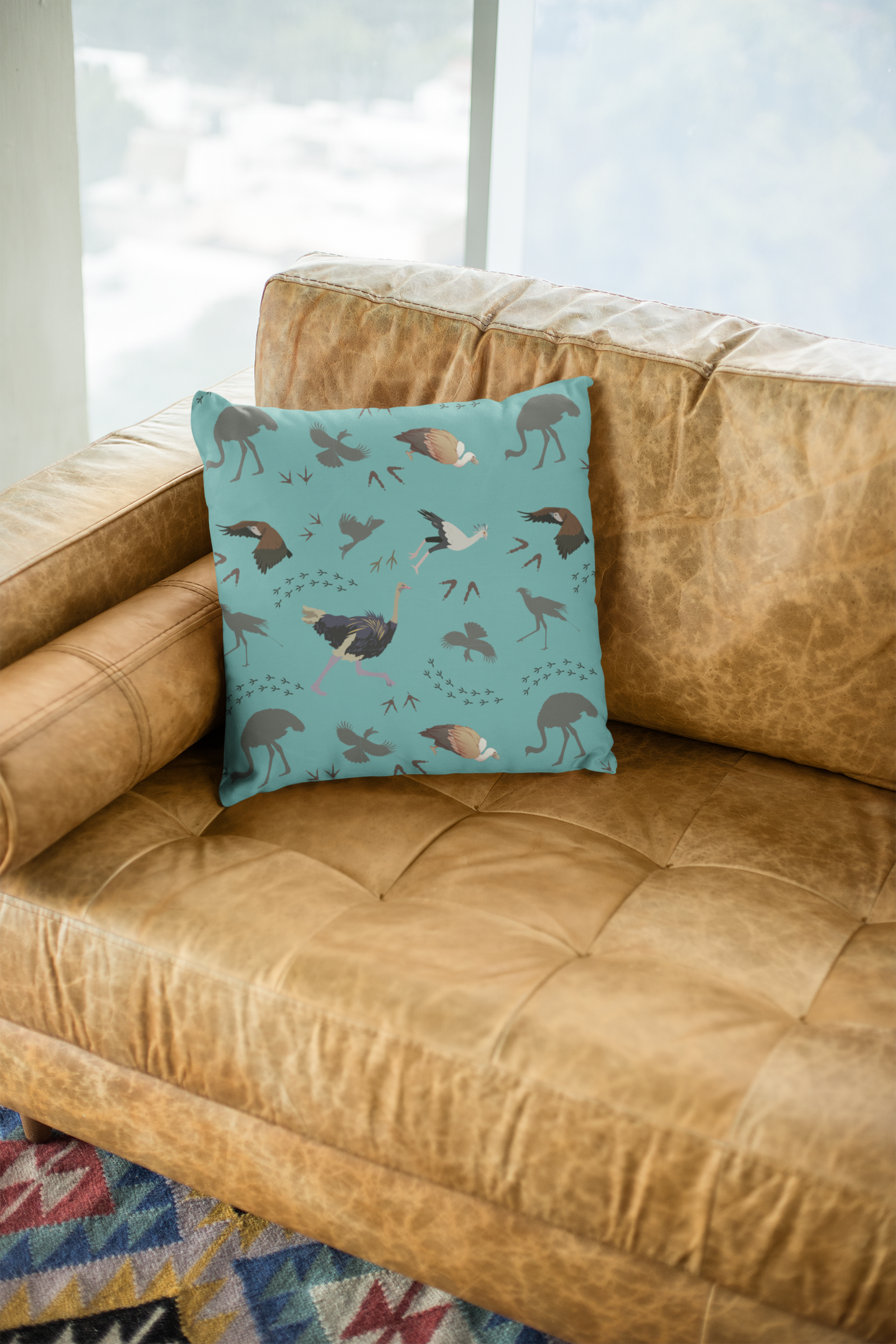 Safari Bird Print Lux Faux Suede Throw Pillow with Insert – 18" x 18" & 20" x 20" (Teal)