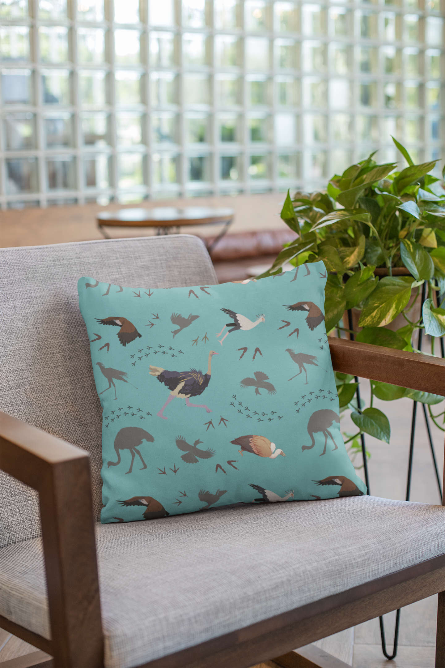 Safari Bird Print Lux Faux Suede Throw Pillow with Insert – 18" x 18" & 20" x 20" (Teal)