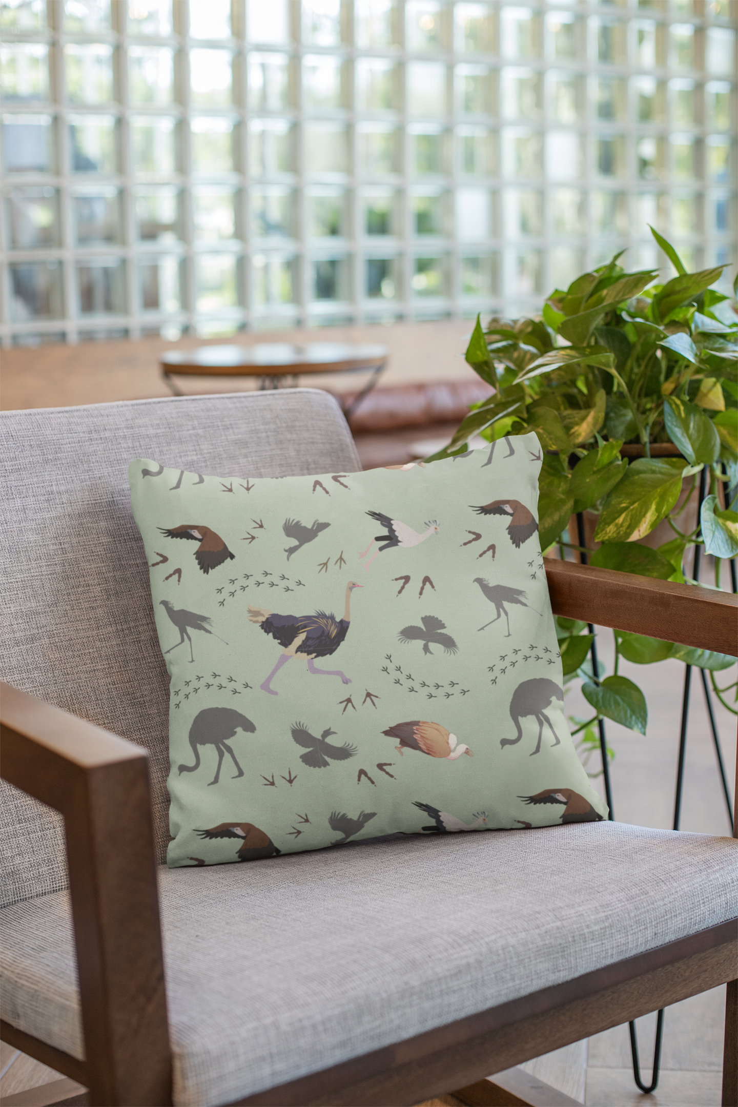 Safari Bird Print Lux Faux Suede Throw Pillow with Insert – 18" x 18" & 20" x 20" (Sage)