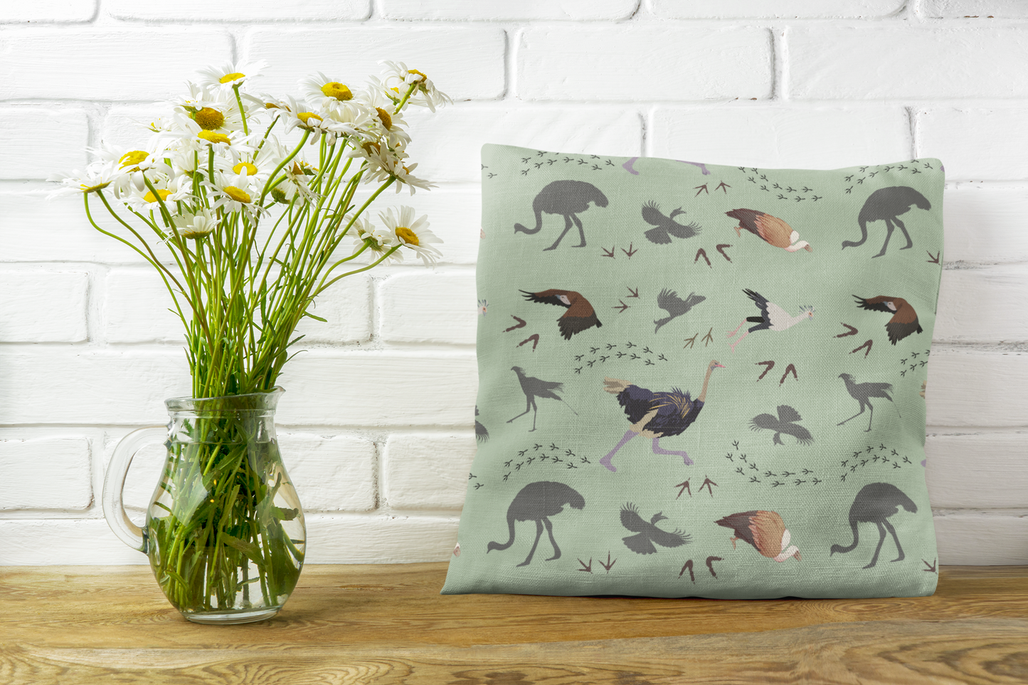 Safari Bird Print Lux Faux Suede Throw Pillow with Insert – 18" x 18" & 20" x 20" (Sage)