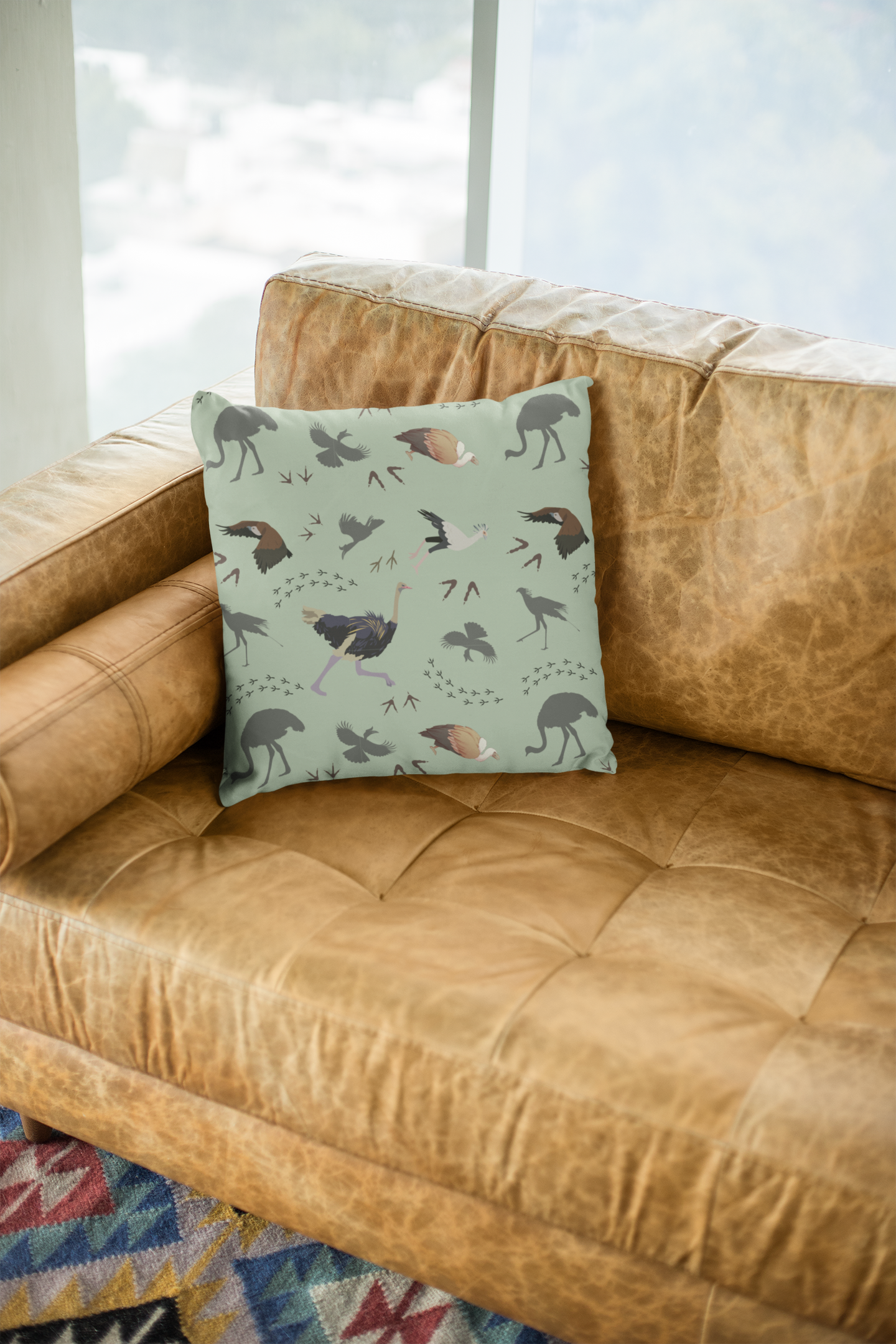 Safari Bird Print Lux Faux Suede Throw Pillow with Insert – 18" x 18" & 20" x 20" (Sage)