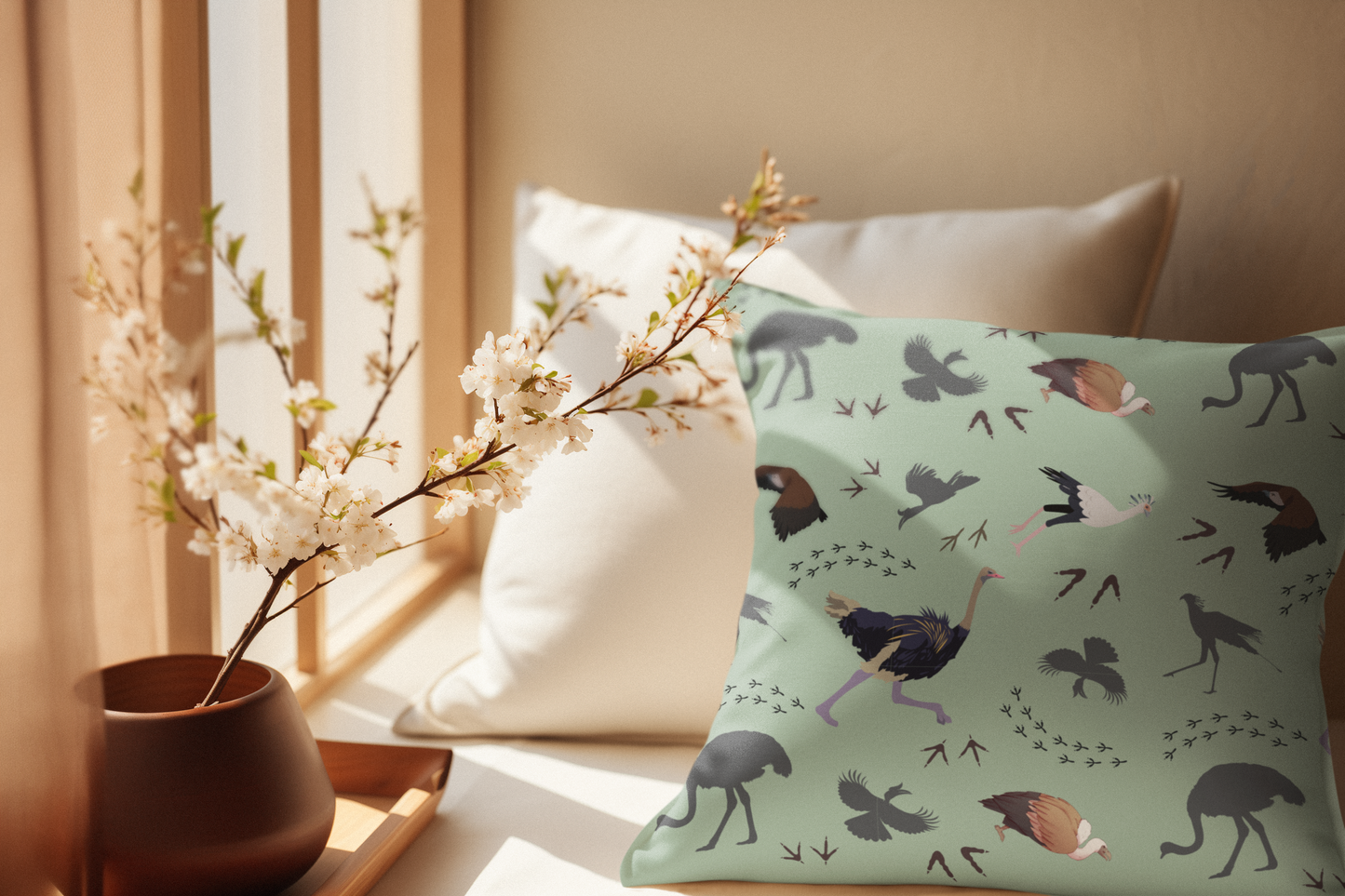 Safari Bird Print Lux Faux Suede Throw Pillow with Insert – 18" x 18" & 20" x 20" (Sage)