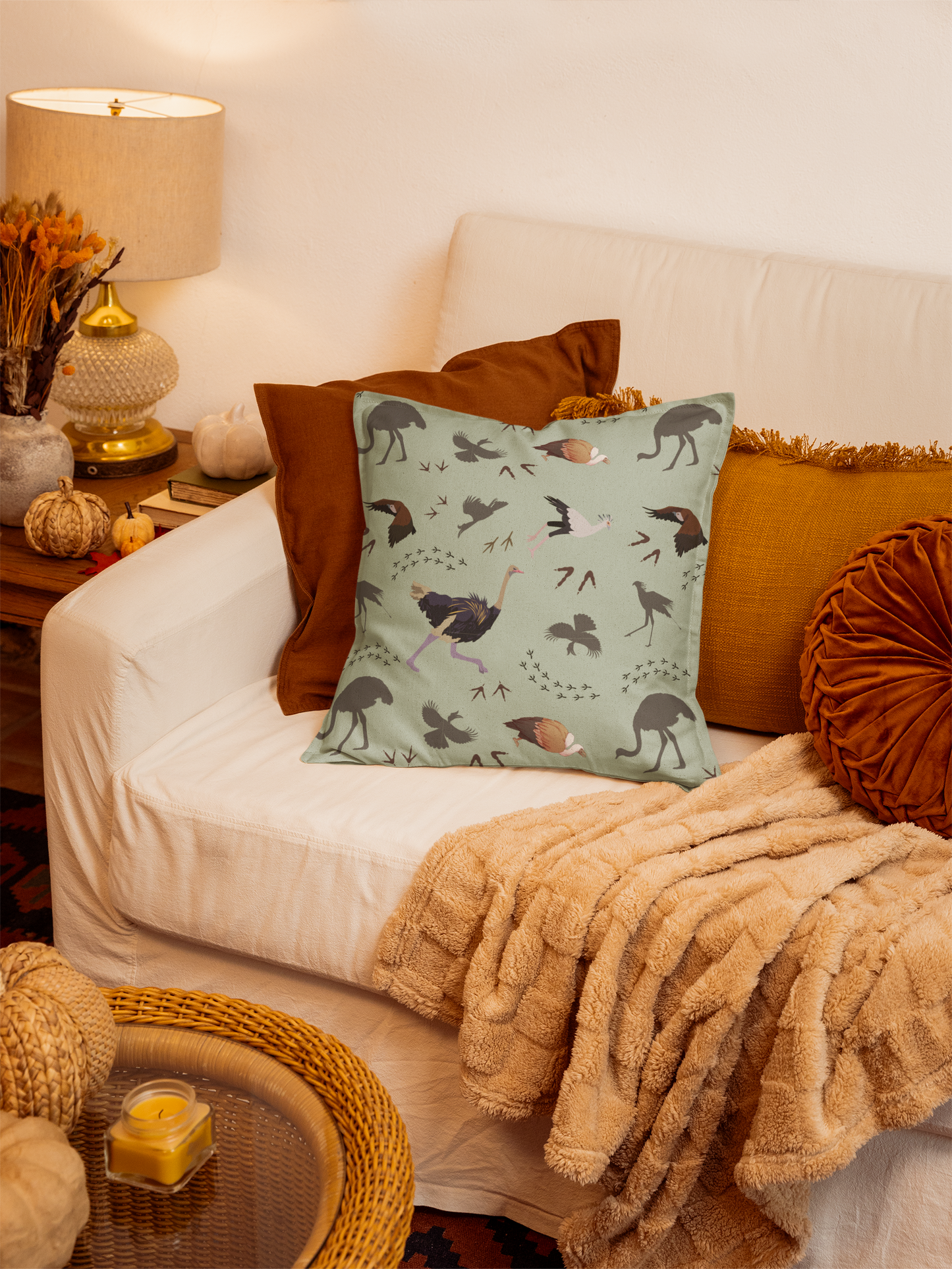Safari Bird Print Lux Faux Suede Throw Pillow with Insert – 18" x 18" & 20" x 20" (Sage)
