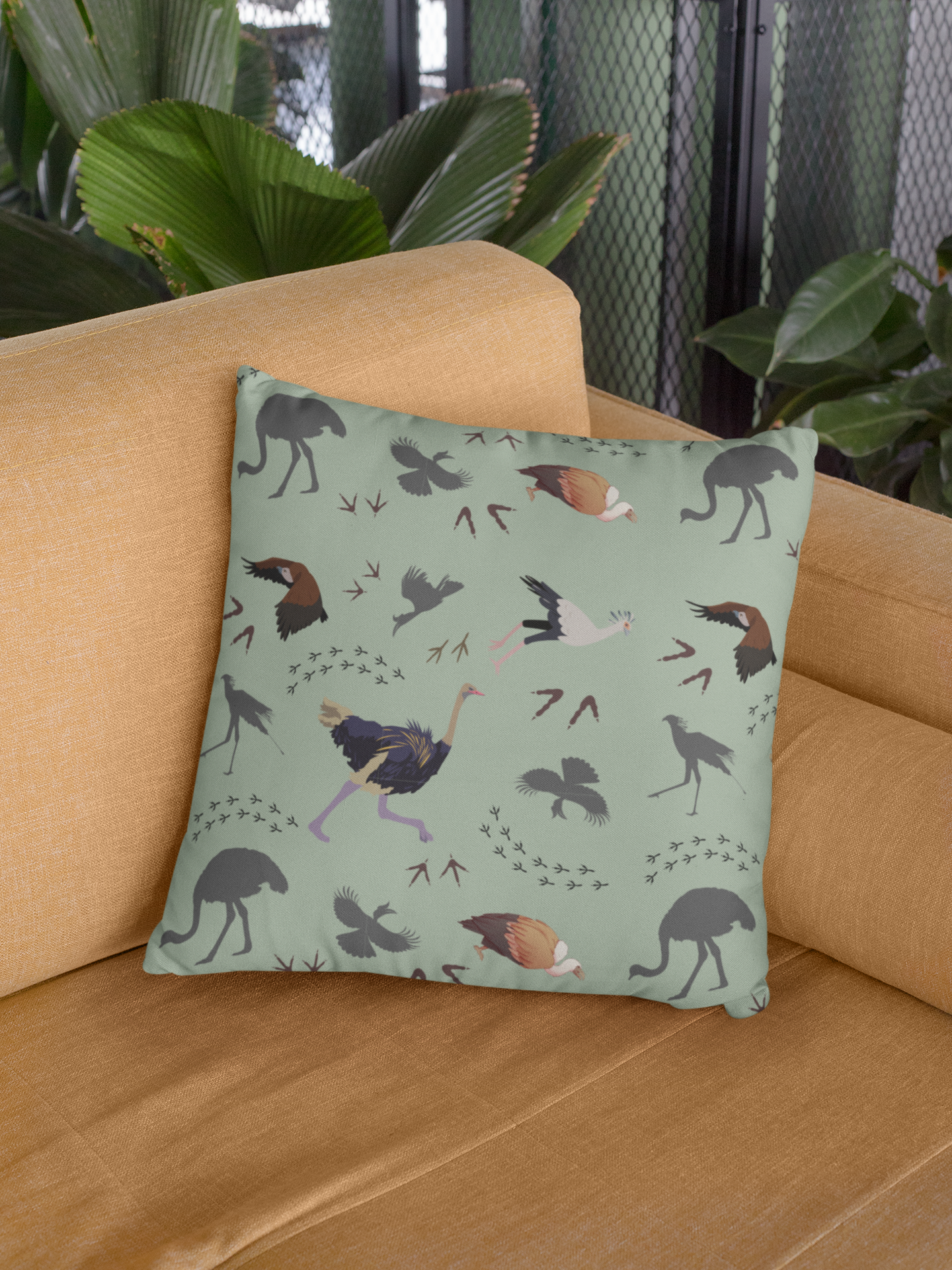 Safari Bird Print Lux Faux Suede Throw Pillow with Insert – 18" x 18" & 20" x 20" (Sage)