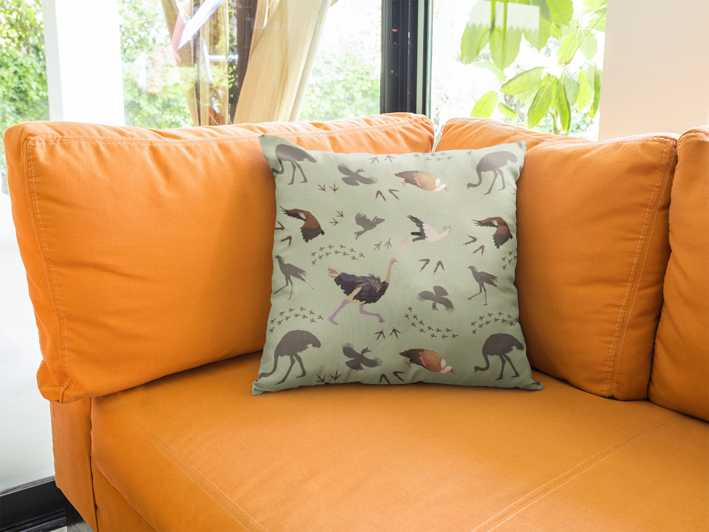 Safari Bird Print Lux Faux Suede Throw Pillow with Insert – 18" x 18" & 20" x 20" (Sage)