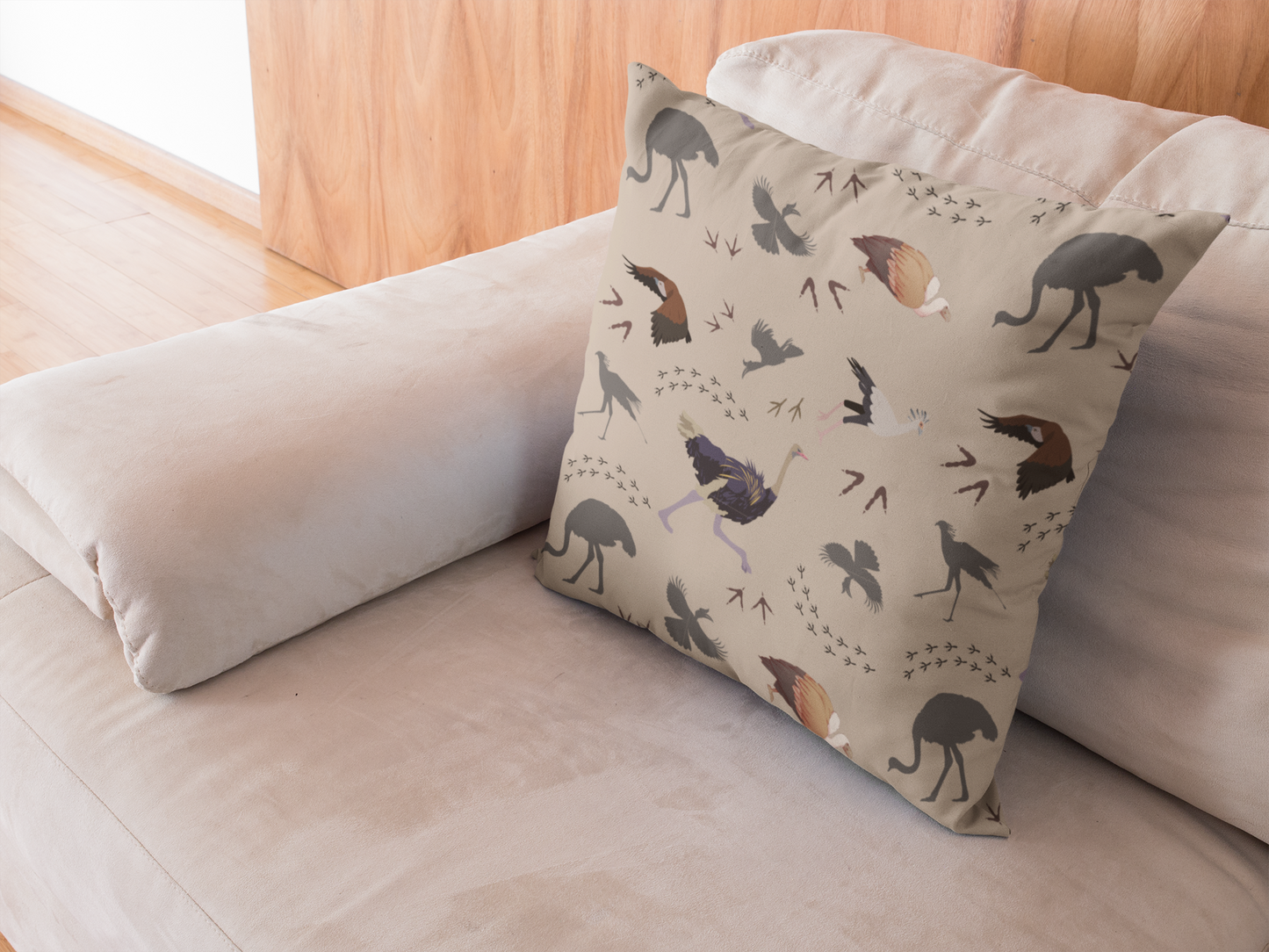 Safari Bird Print Lux Faux Suede Throw Pillow with Insert – 18" x 18" & 20" x 20" (Blush Clay)