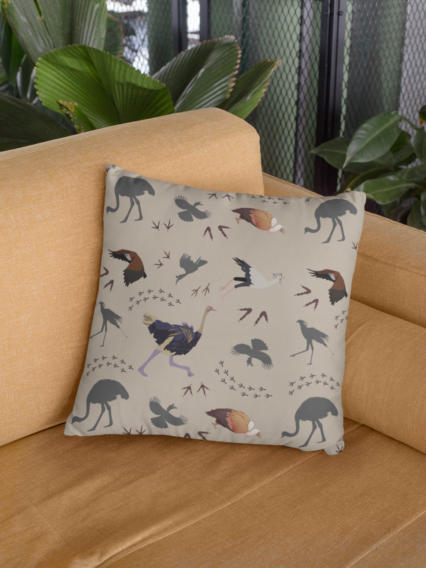 Safari Bird Print Lux Faux Suede Throw Pillow with Insert – 18" x 18" & 20" x 20" (Blush Clay)