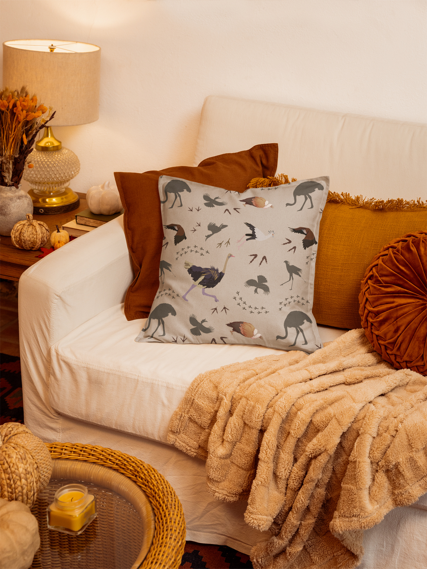 Safari Bird Print Lux Faux Suede Throw Pillow with Insert – 18" x 18" & 20" x 20" (Blush Clay)