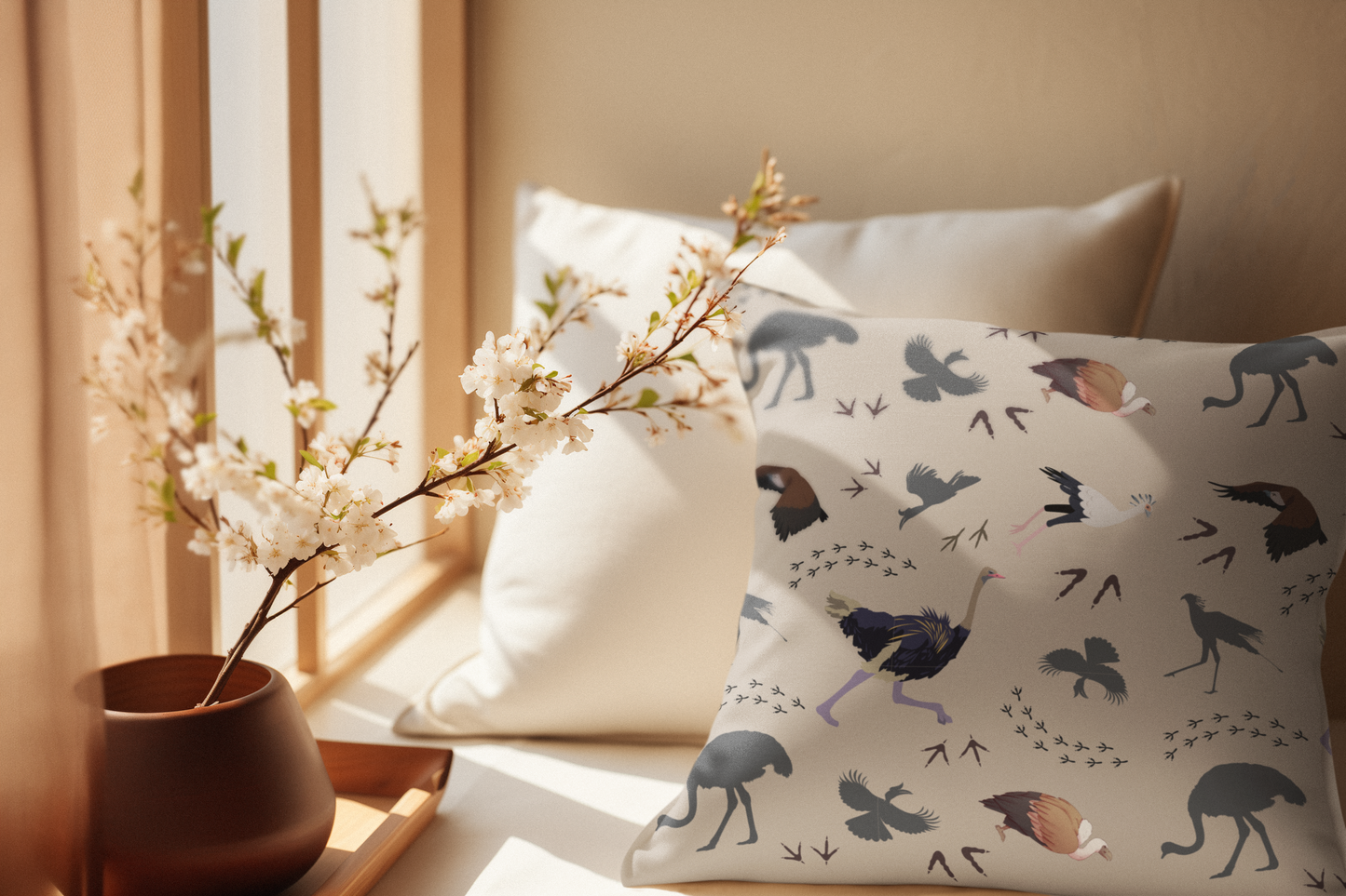 Safari Bird Print Lux Faux Suede Throw Pillow with Insert – 18" x 18" & 20" x 20" (Blush Clay)
