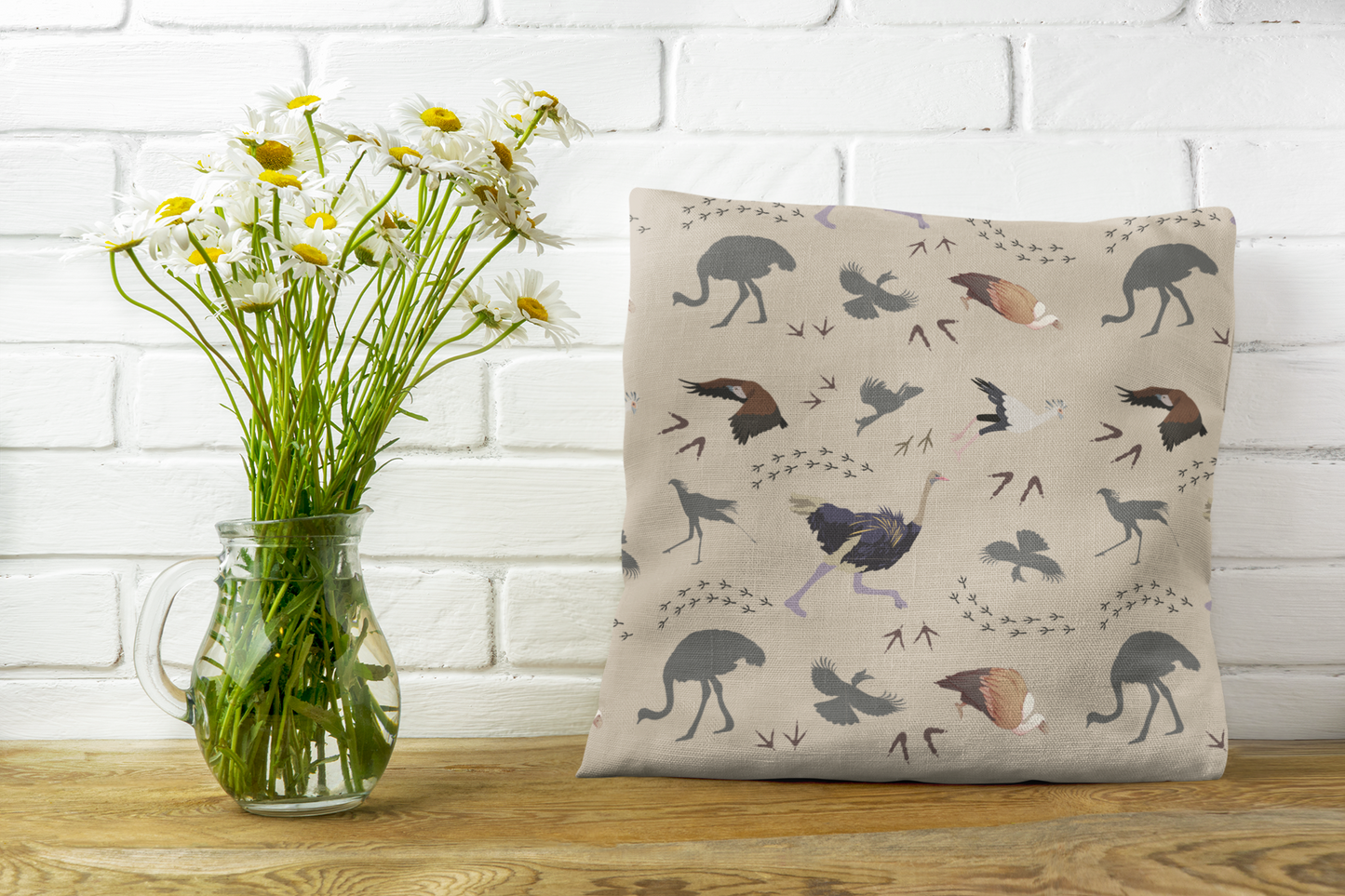 Safari Bird Print Lux Faux Suede Throw Pillow with Insert – 18" x 18" & 20" x 20" (Blush Clay)