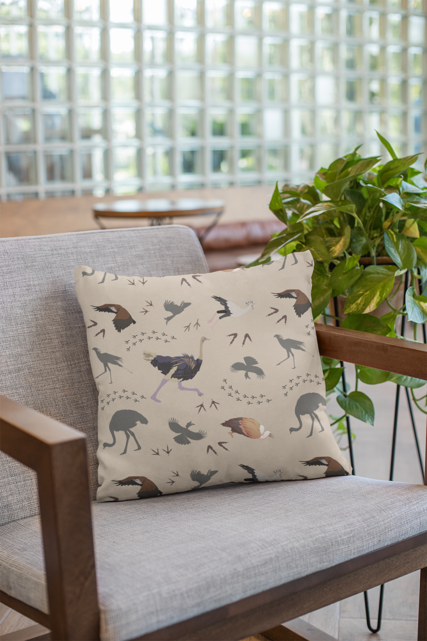 Safari Bird Print Lux Faux Suede Throw Pillow with Insert – 18" x 18" & 20" x 20" (Blush Clay)