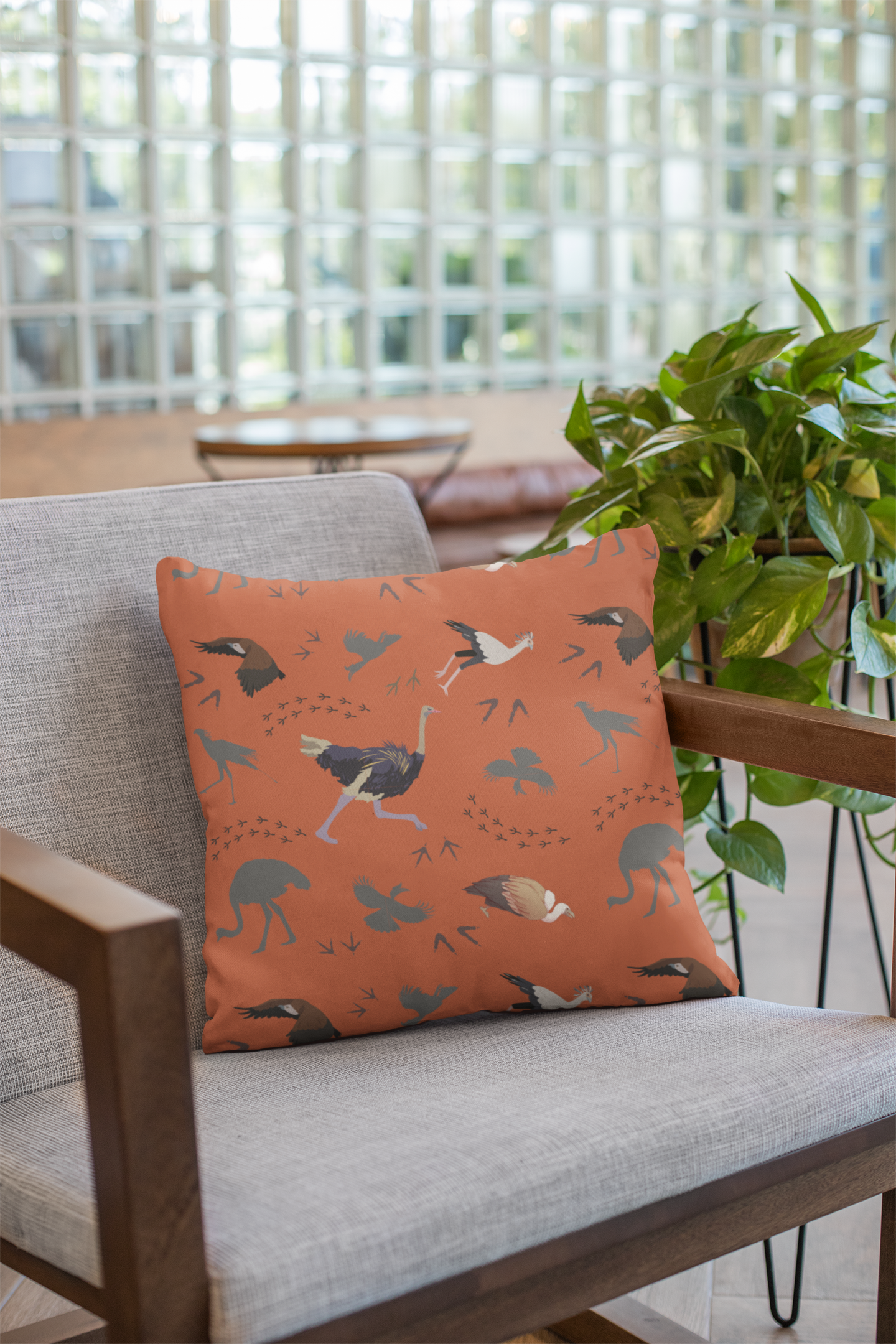 Safari Bird Print Lux Faux Suede Throw Pillow with Insert – 18" x 18" & 20" x 20" (Tsavo Dust)