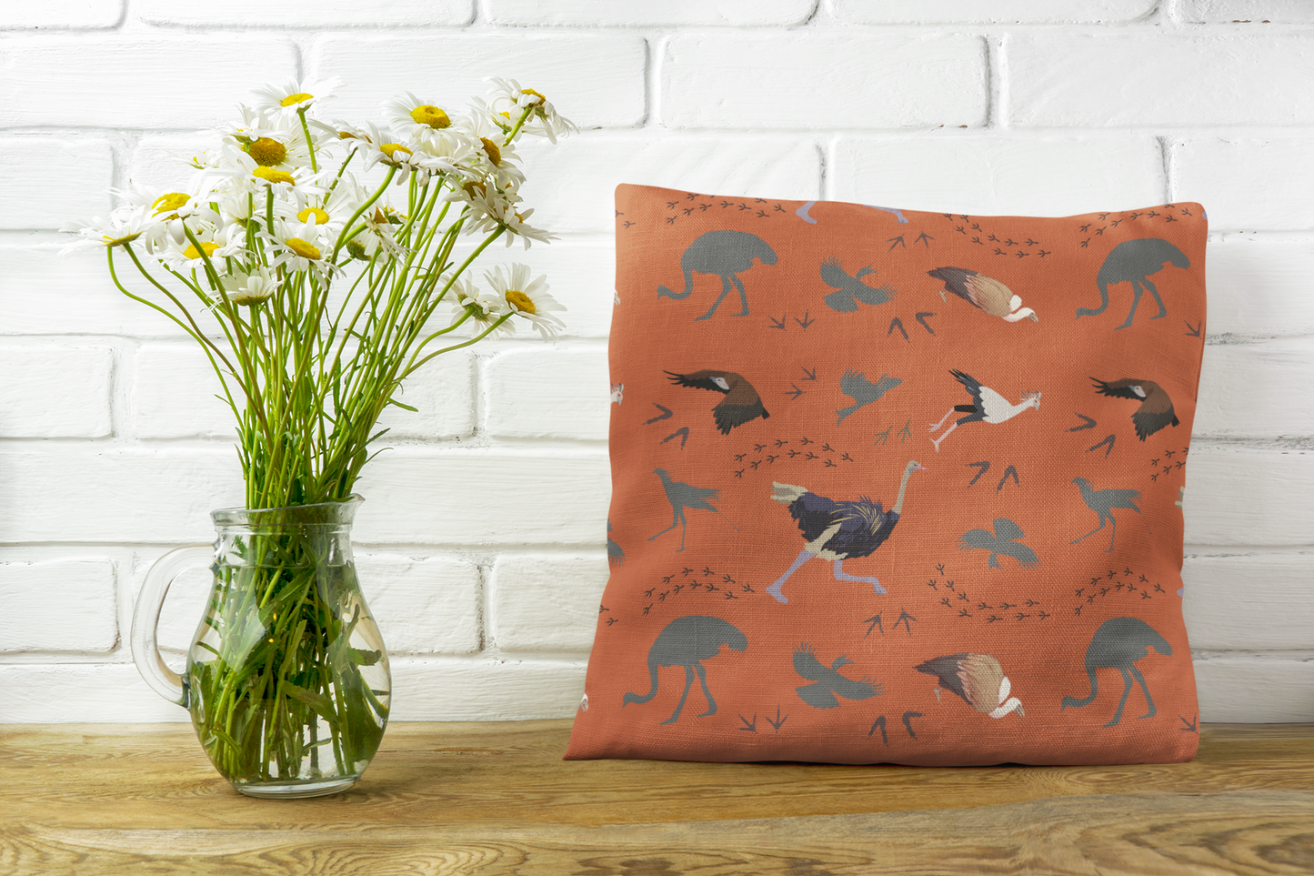 Safari Bird Print Lux Faux Suede Throw Pillow with Insert – 18" x 18" & 20" x 20" (Tsavo Dust)