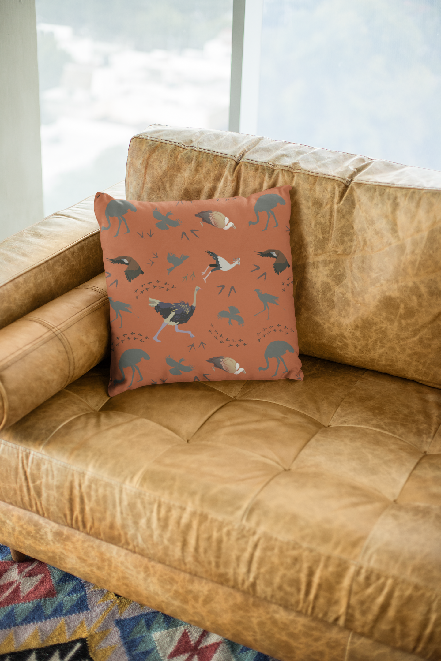 Safari Bird Print Lux Faux Suede Throw Pillow with Insert – 18" x 18" & 20" x 20" (Tsavo Dust)