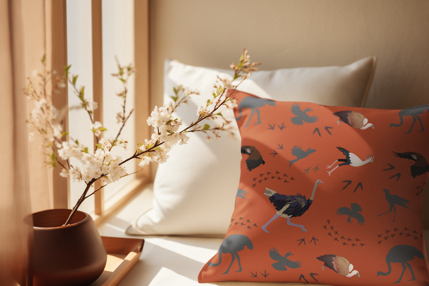 Safari Bird Print Lux Faux Suede Throw Pillow with Insert – 18" x 18" & 20" x 20" (Tsavo Dust)