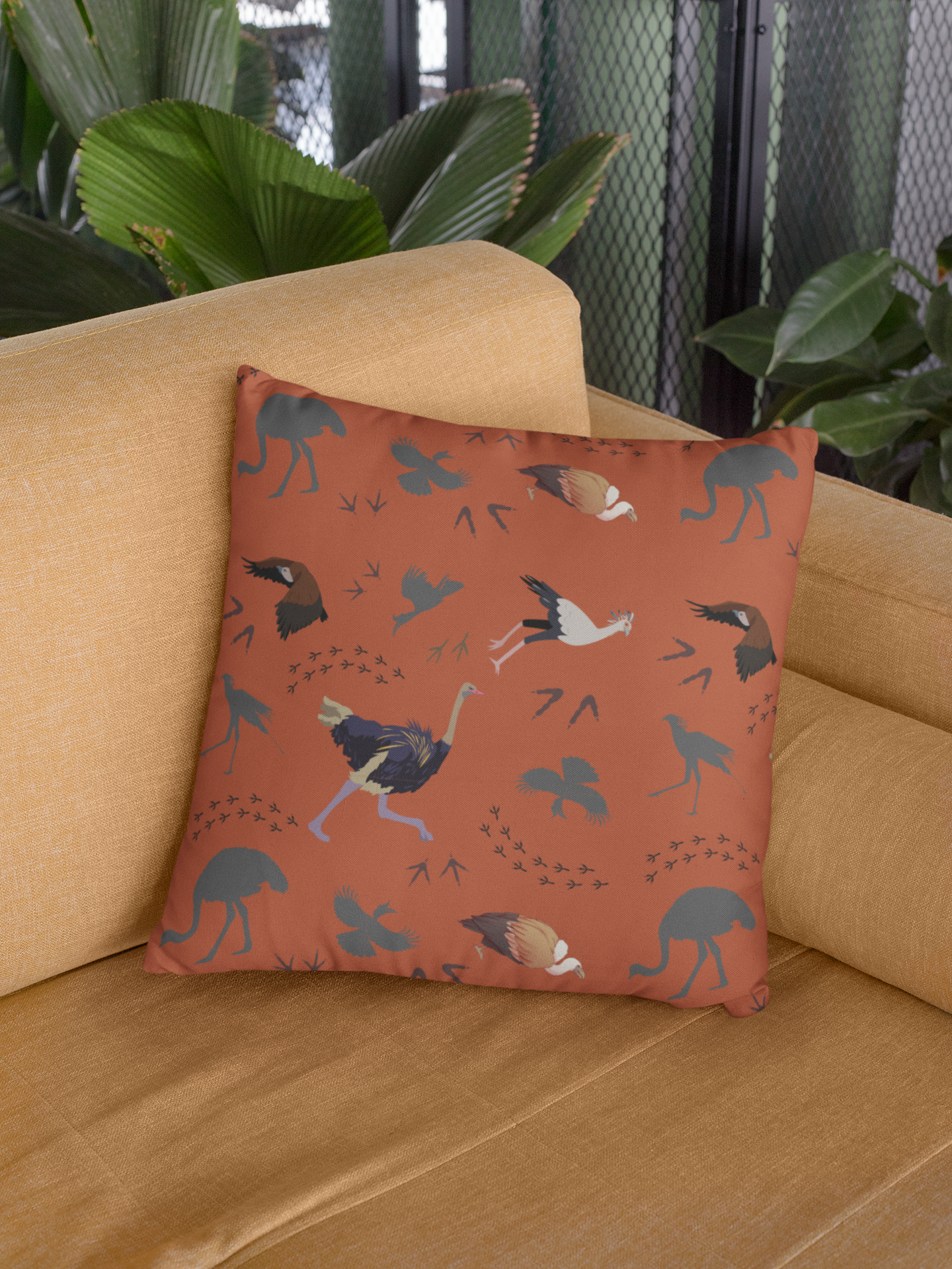 Safari Bird Print Lux Faux Suede Throw Pillow with Insert – 18" x 18" & 20" x 20" (Tsavo Dust)