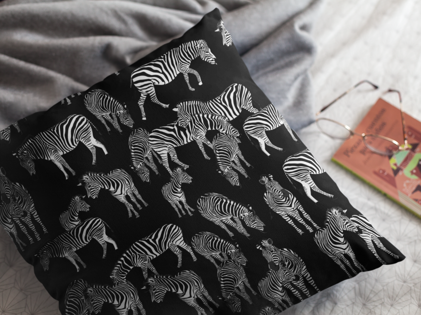 Zebra Herd Print Lux Faux Suede Throw Pillow with Insert - 18 x 18" (Black)