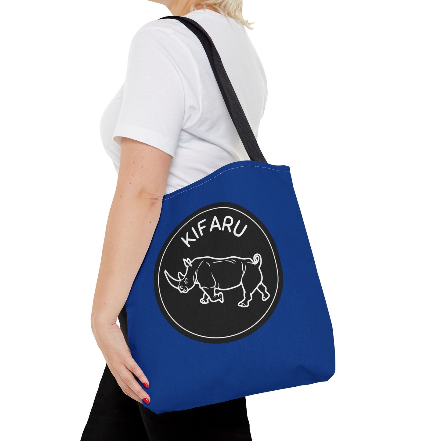 Vibrant Safari Animal-Themed White Rhino Tote Bag (Blue), Kiswahili Name, Eco-Friendly Shopping Bag, Stylish Daily Use, Gift for Nature Lovers, Kifaru Design