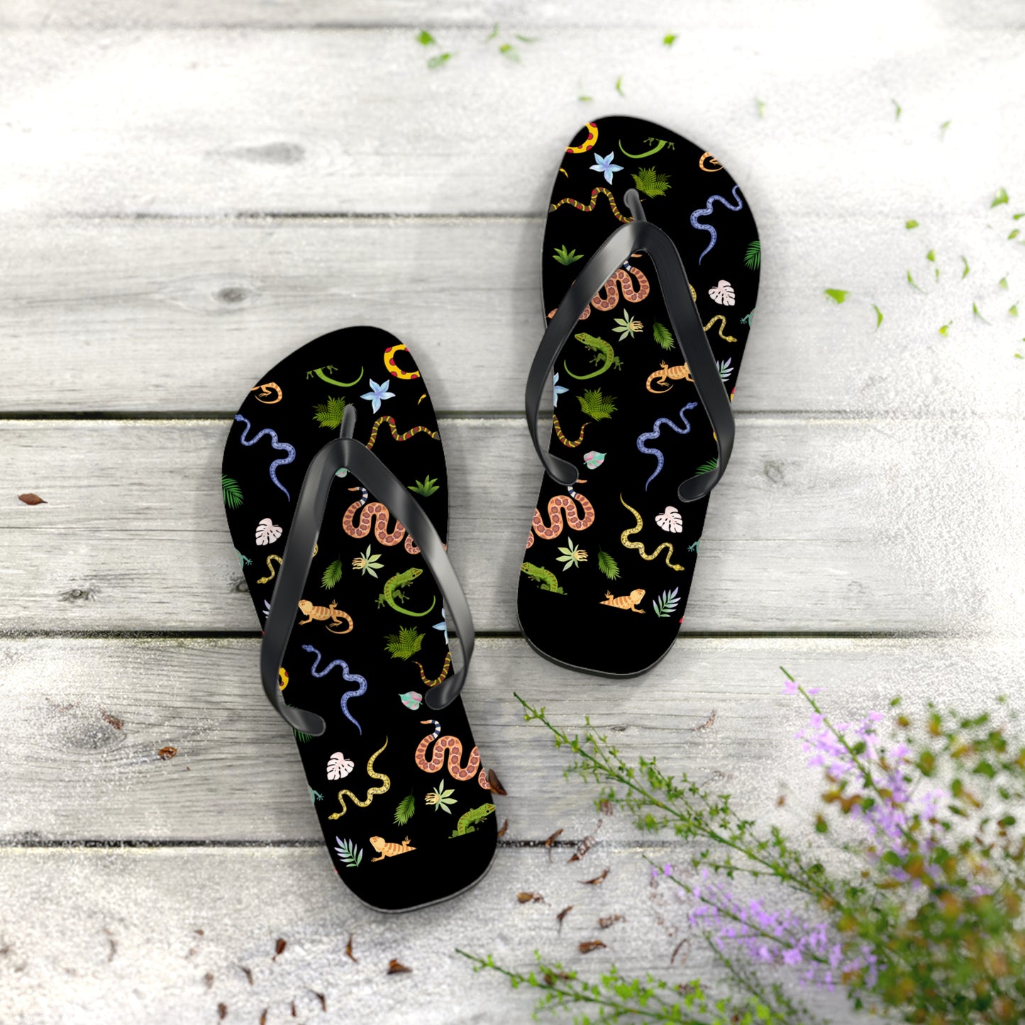 Dancing Reptile Print Flip Flops, Summer Sandals, Beach Footwear, Vacation Essentials, Gift for Nature Lovers, Cute Outdoor Wear
