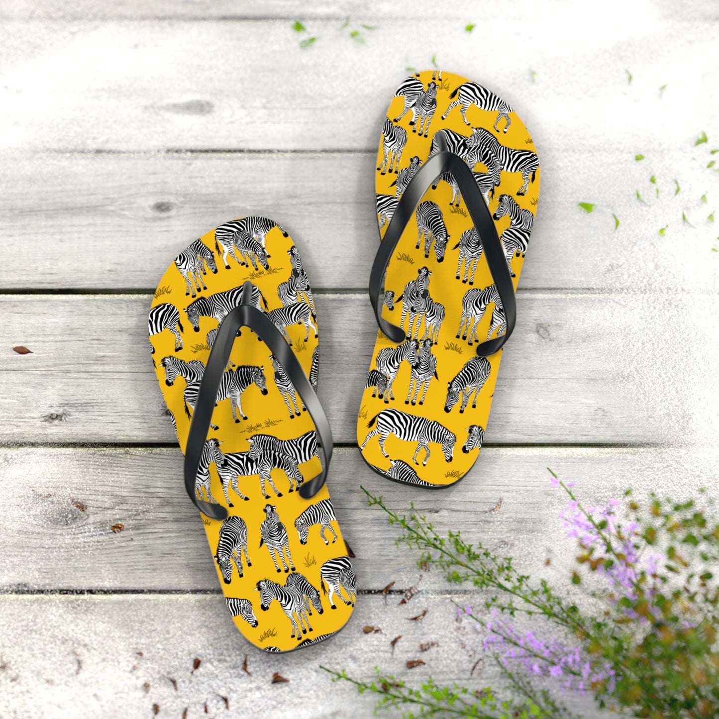 Zebra Print Flip Flops (Yellow), Summer Sandals, Beach Footwear, Vacation Essentials, Gift for Nature Lovers, Cute Outdoor Wear