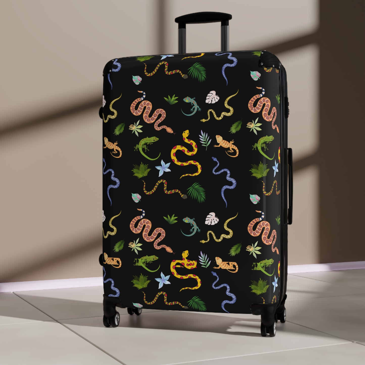 Dancing Reptile Travel Suitcase with Airplane Design, Luggage for Travelers, Custom Travel Bag, Vacation Essentials, Chic Carry-On