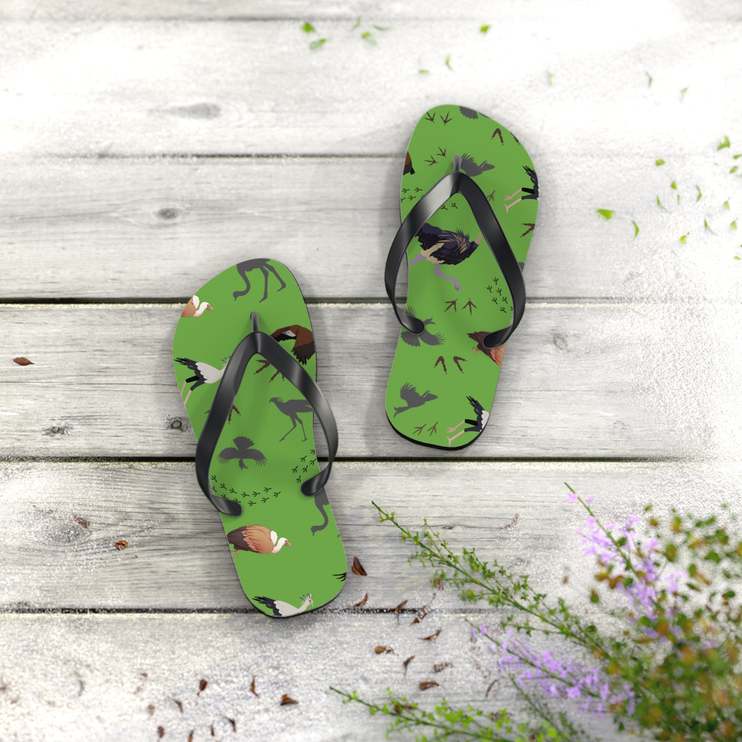 Safari Bird Print Flip Flops (Green), Summer Sandals, Beach Footwear, Vacation Essentials, Gift for Nature Lovers, Cute Outdoor Wear