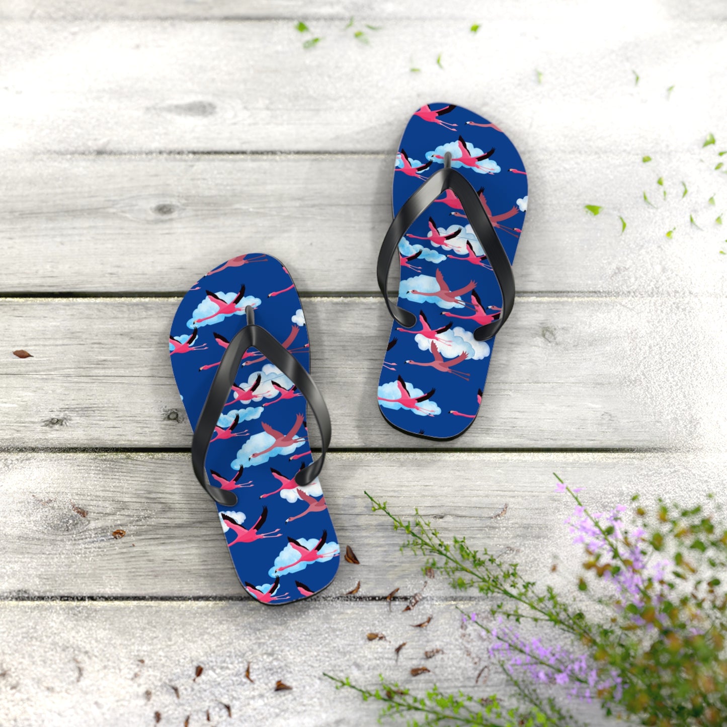Flying Flamingo Print Flip Flops (Blue), Summer Sandals, Beach Footwear, Vacation Essentials, Gift for Nature Lovers, Cute Outdoor Wear