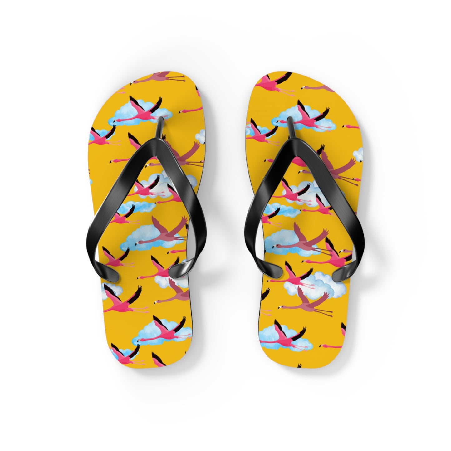 Flying Flamingo Print Flip Flops (Yellow), Summer Sandals, Beach Footwear, Vacation Essentials, Gift for Nature Lovers, Cute Outdoor Wear
