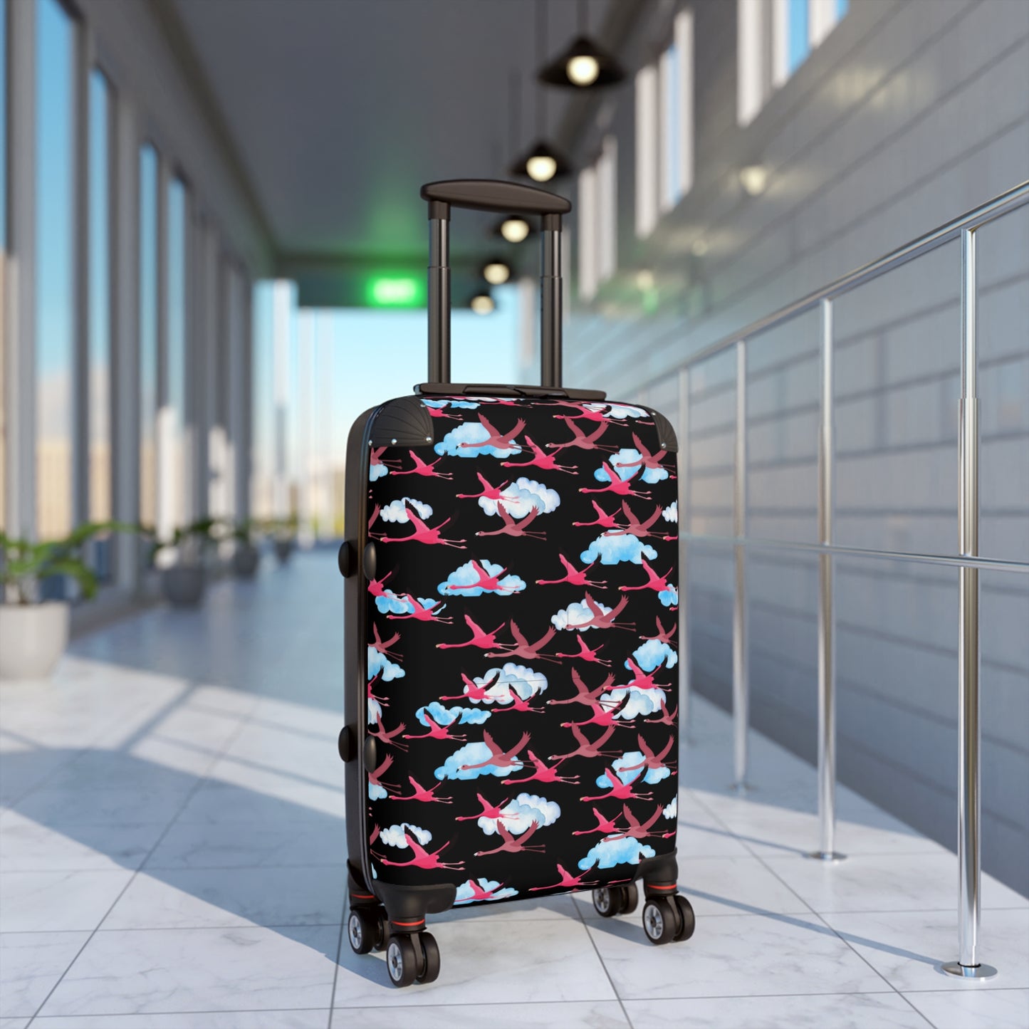 Flying Flamingo Travel Suitcase (Black) with Airplane Design, Luggage for Travelers, Custom Travel Bag, Vacation Essentials, Chic Carry-On