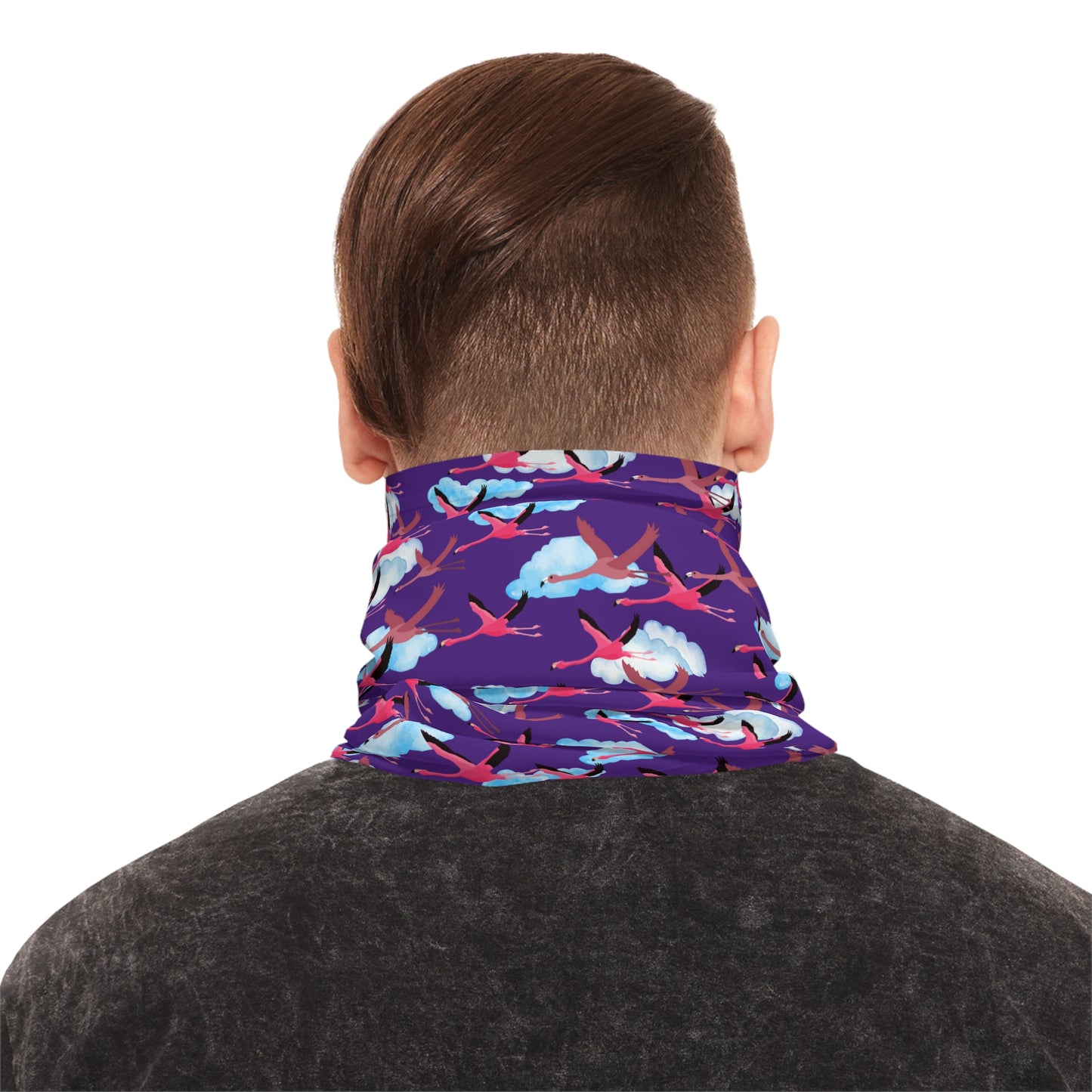Colorful Lightweight Neck Gaiter with Flying Flamingo Design (Purple), Outdoor Accessory, Unique Gift, Hiking Gear, Nature-Themed Scarf