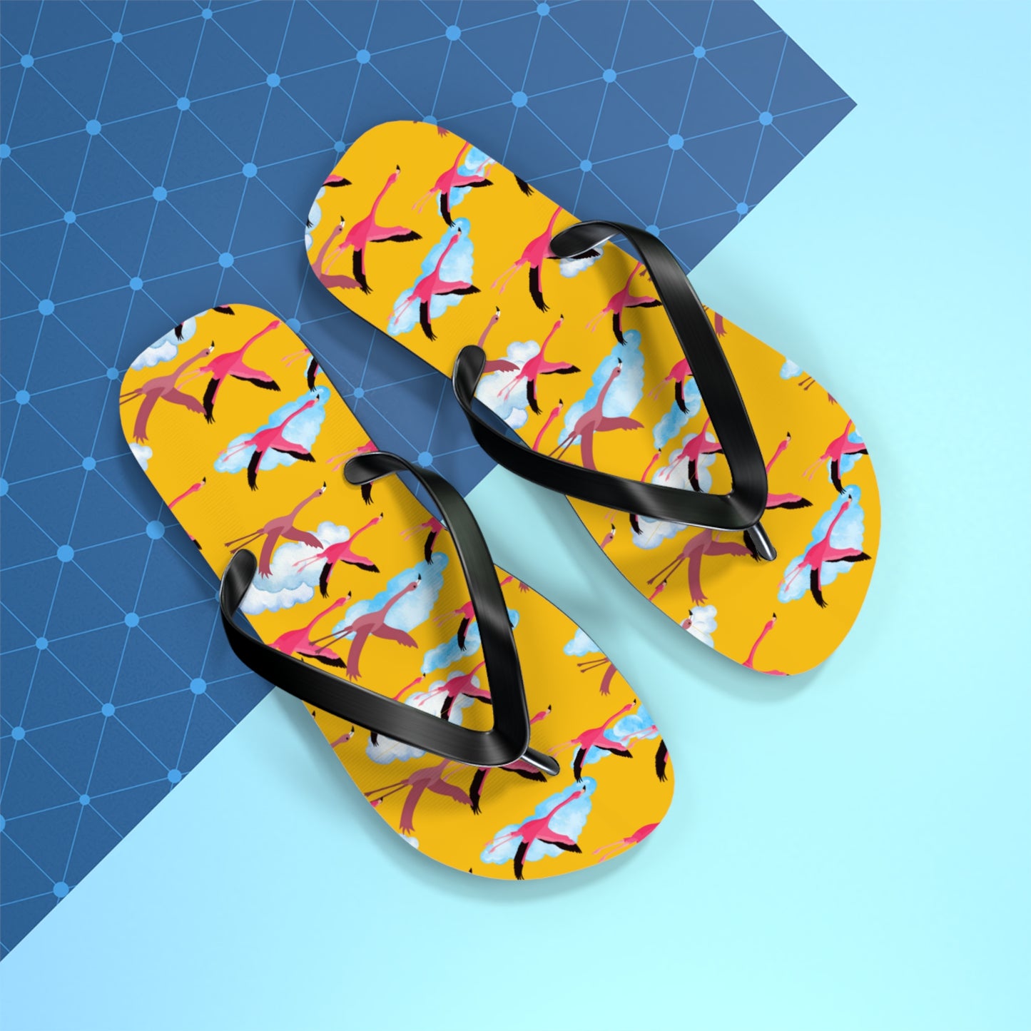 Flying Flamingo Print Flip Flops (Yellow), Summer Sandals, Beach Footwear, Vacation Essentials, Gift for Nature Lovers, Cute Outdoor Wear