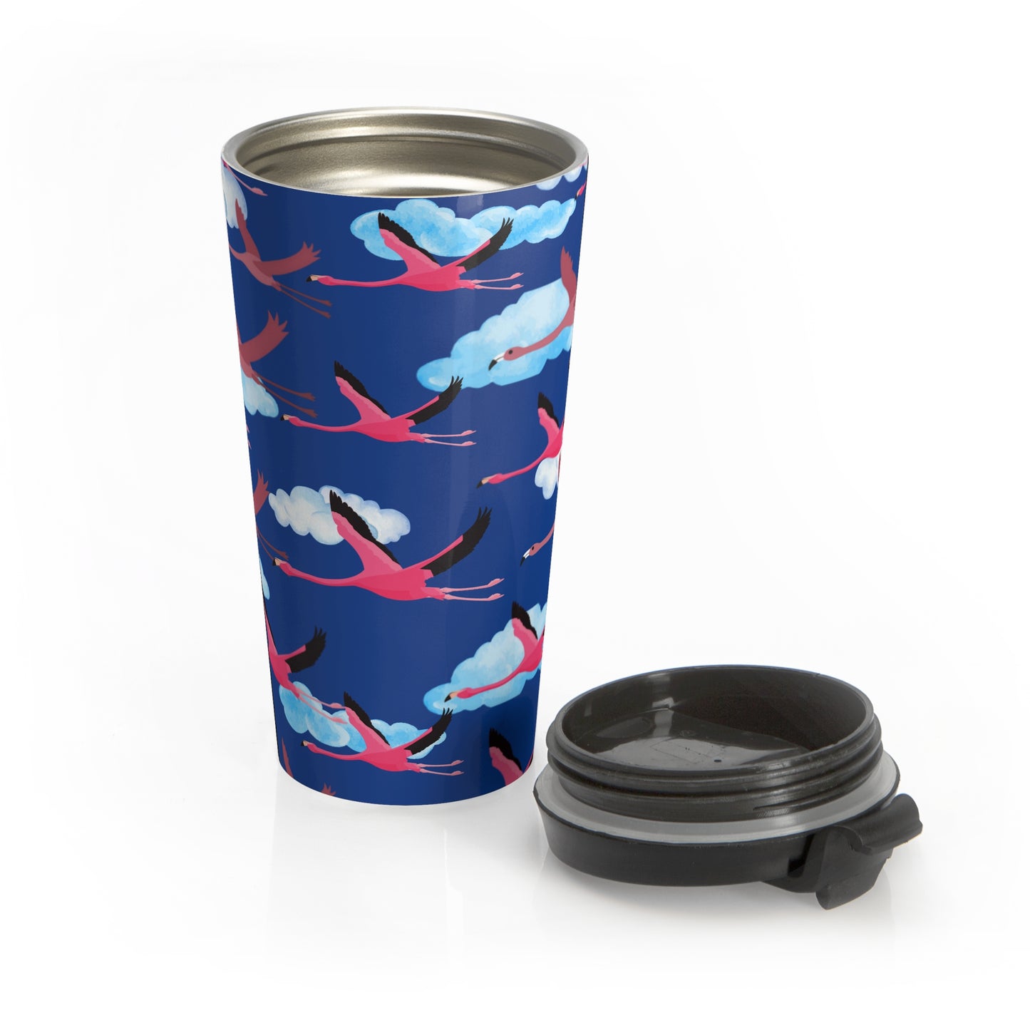 Flying Flamingo Pattern Stainless Steel Travel Mug (Blue) | Stylish Travel Tumbler | Perfect Gift for Animal Lovers, Nature Enthusiasts, or Travel Junkies