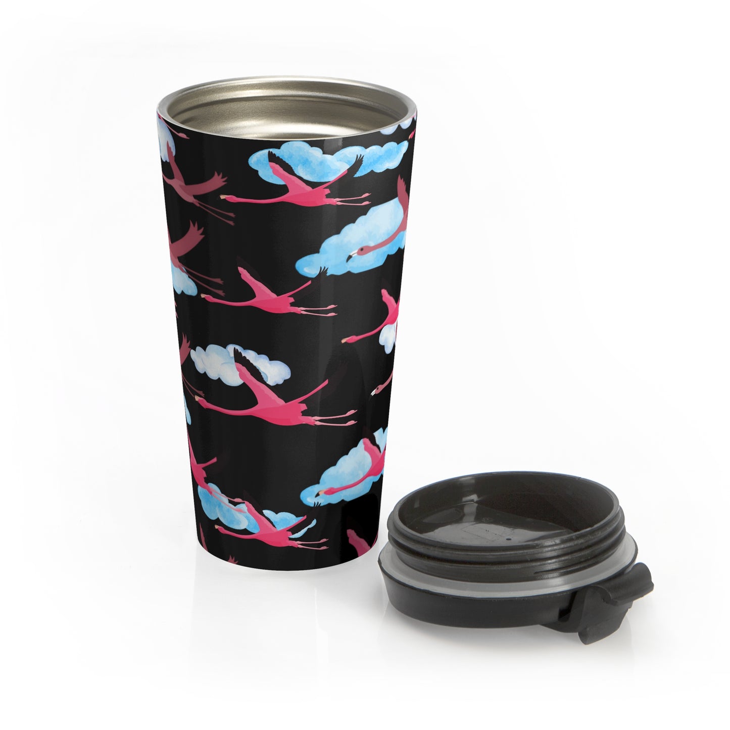Flying Flamingo Pattern Stainless Steel Travel Mug (Black) | Stylish Travel Tumbler | Perfect Gift for Animal Lovers, Nature Enthusiasts, or Travel Junkies