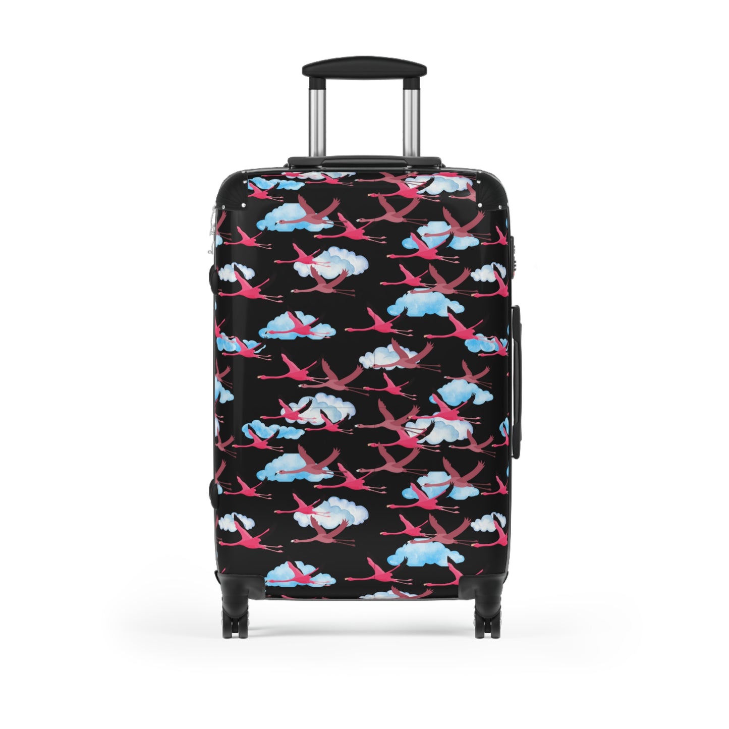 Flying Flamingo Travel Suitcase (Black) with Airplane Design, Luggage for Travelers, Custom Travel Bag, Vacation Essentials, Chic Carry-On