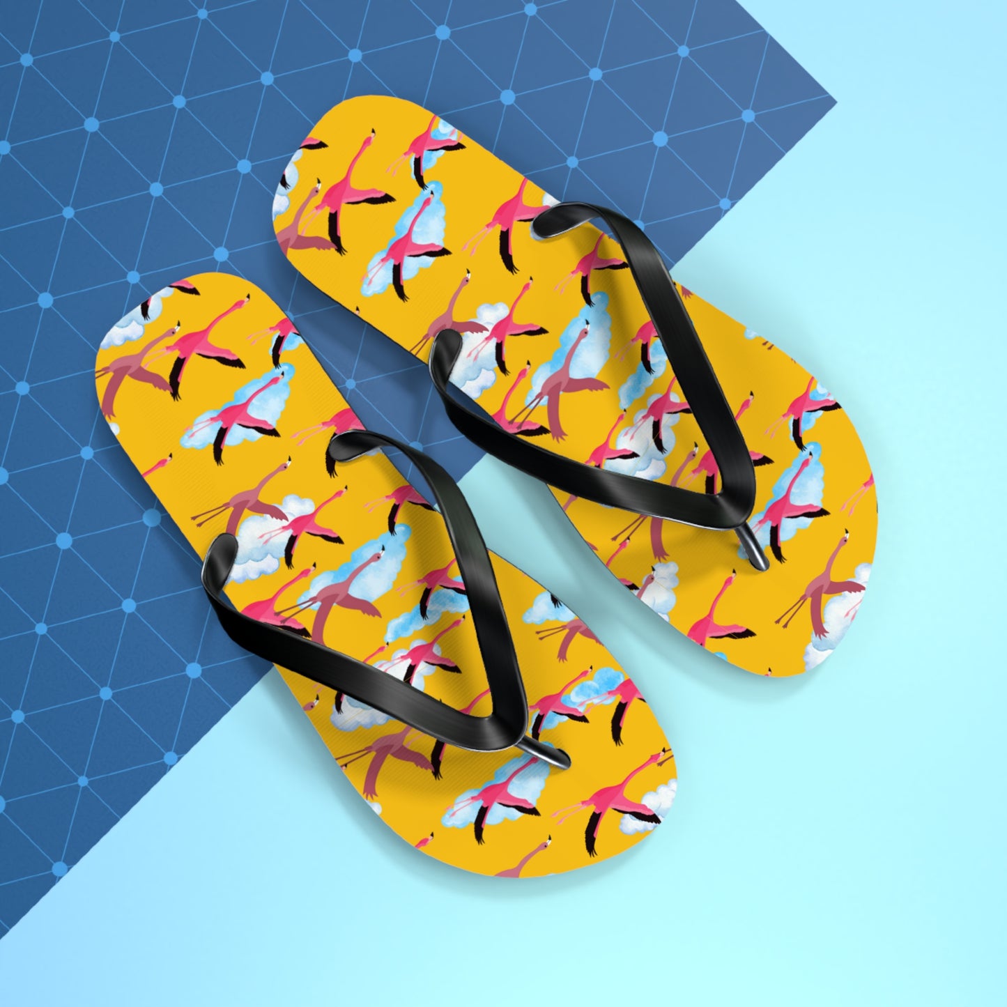 Flying Flamingo Print Flip Flops (Yellow), Summer Sandals, Beach Footwear, Vacation Essentials, Gift for Nature Lovers, Cute Outdoor Wear
