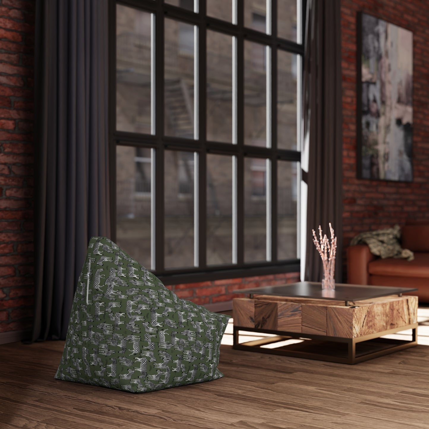 Bean Bag Chair Cover - Zebra Herd Pattern (Moss)