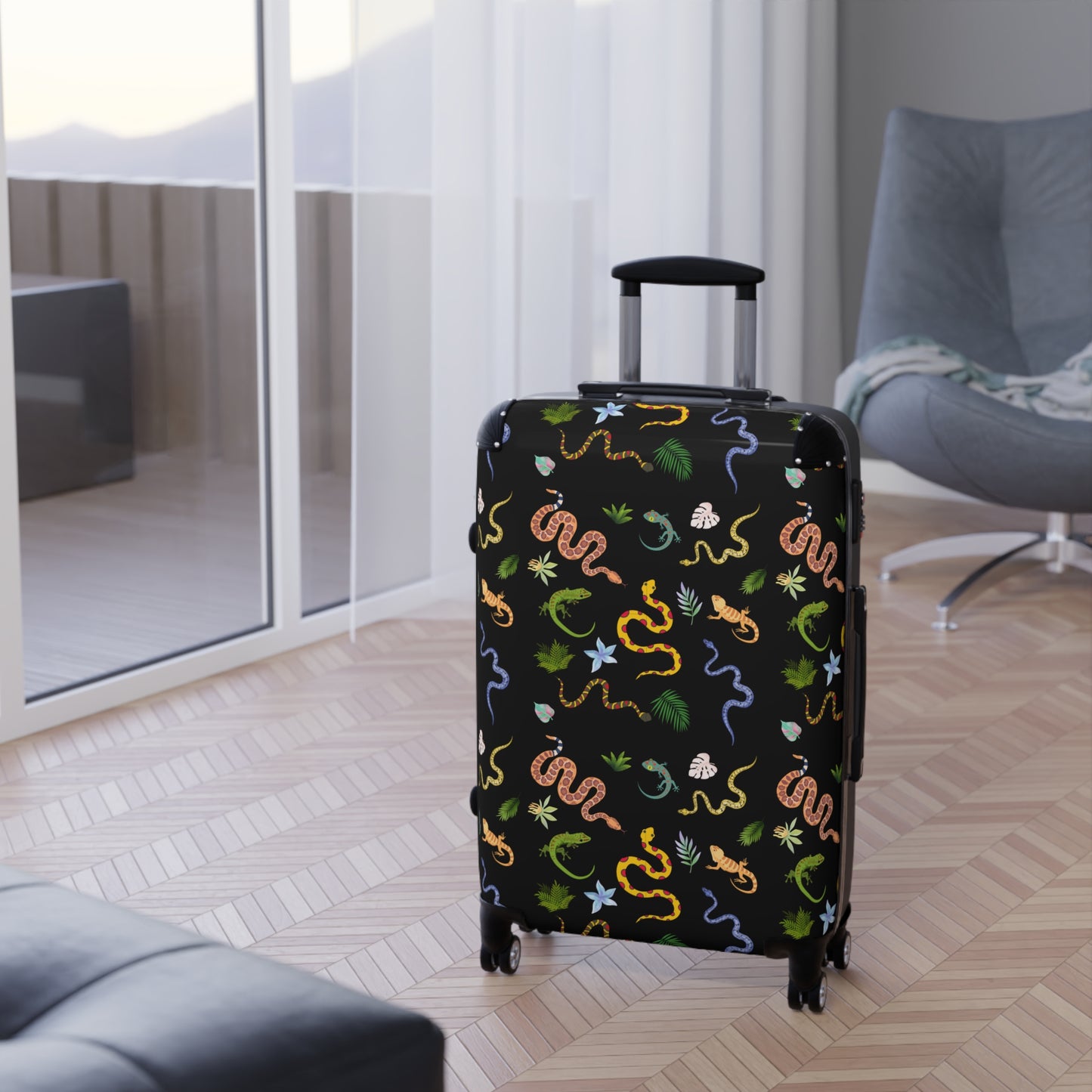 Dancing Reptile Travel Suitcase with Airplane Design, Luggage for Travelers, Custom Travel Bag, Vacation Essentials, Chic Carry-On