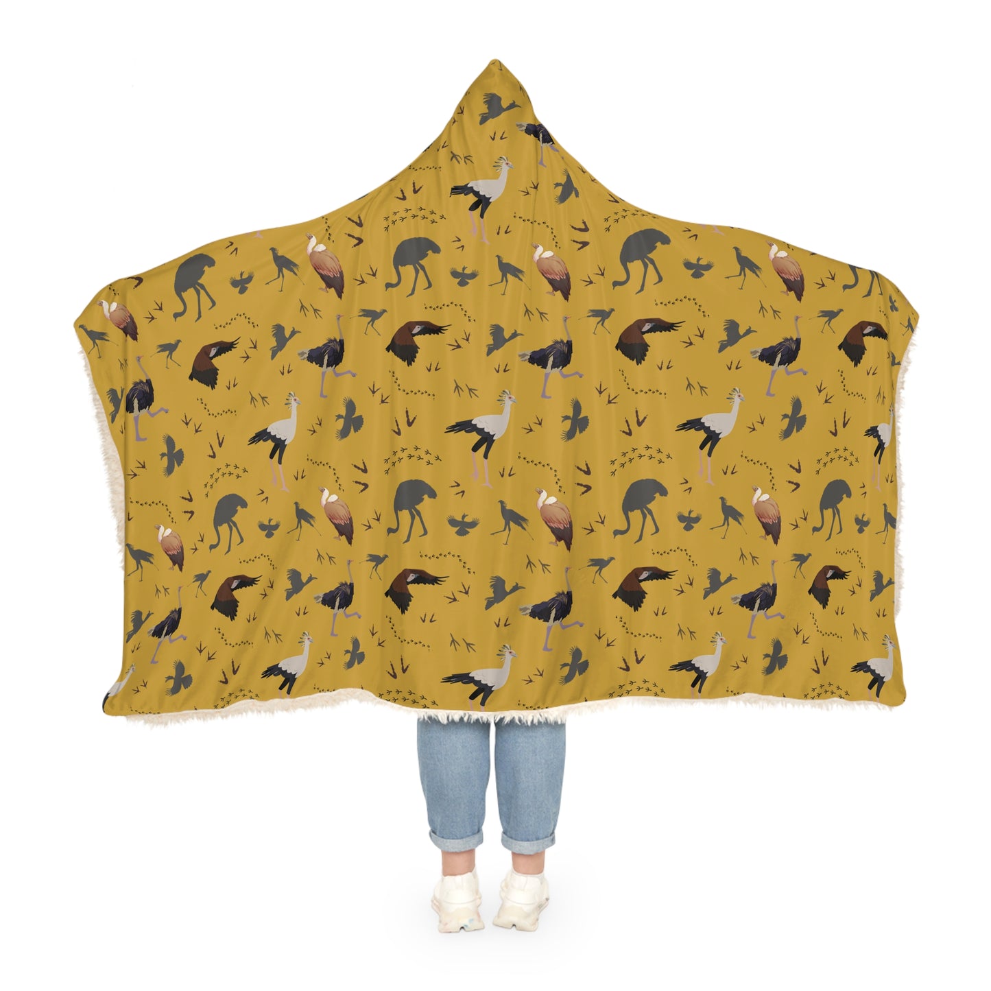 Hooded Snuggle Blanket - Whimsical Safari Bird Print (Mustard)