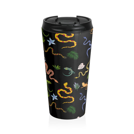 Dancing Reptile Pattern Stainless Steel Travel Mug (Black) | Stylish Travel Tumbler | Perfect Gift for Animal Lovers, Nature Enthusiasts, or Travel Junkies