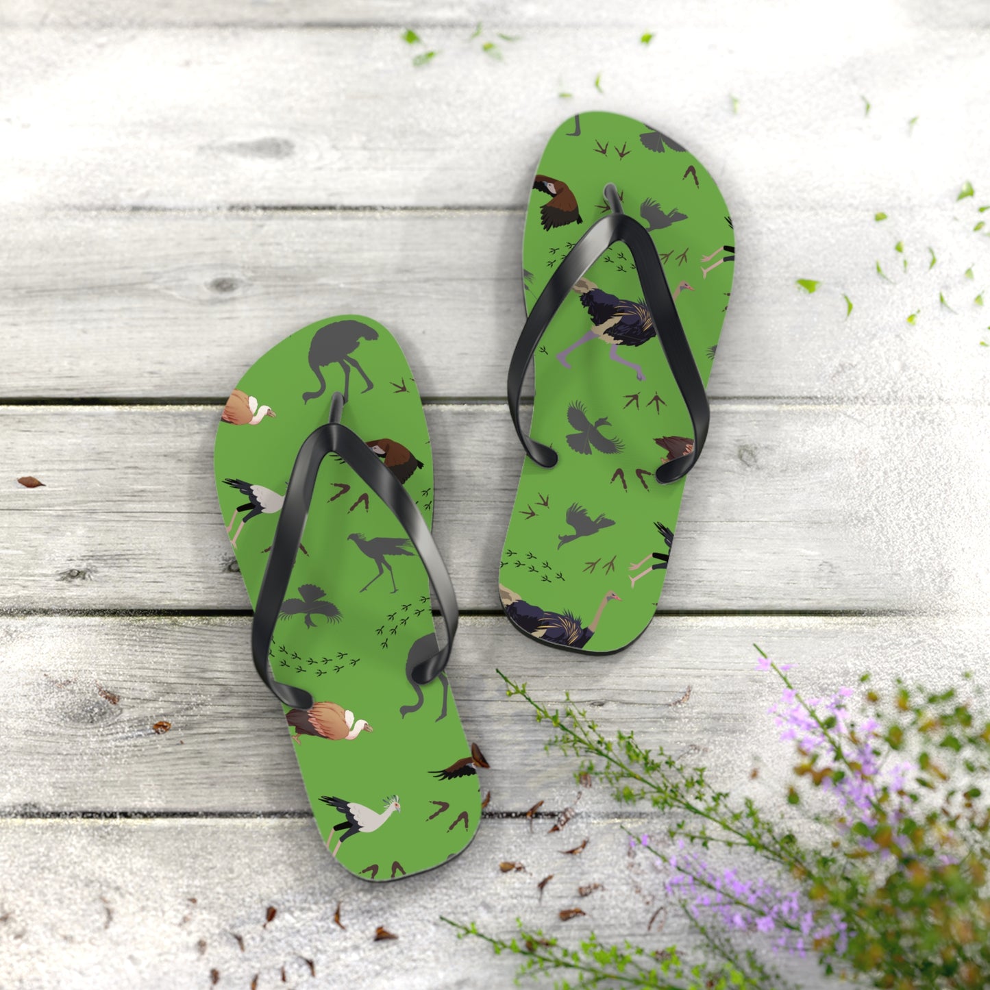 Safari Bird Print Flip Flops (Green), Summer Sandals, Beach Footwear, Vacation Essentials, Gift for Nature Lovers, Cute Outdoor Wear